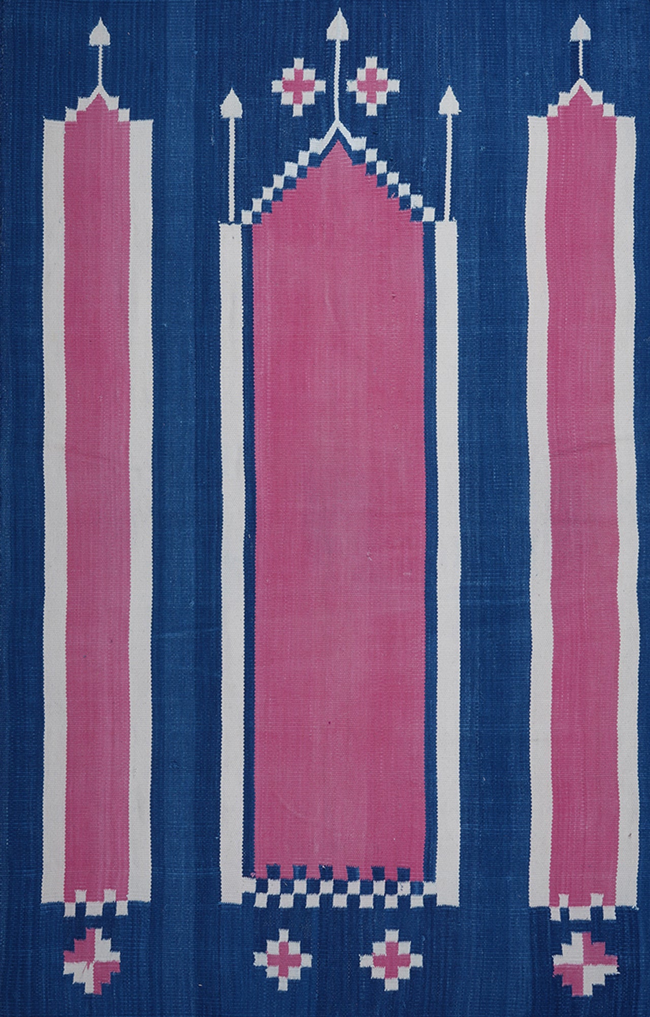 48 x 30 Inches Handwoven Cotton Prayer Rug (Blue And Pink)