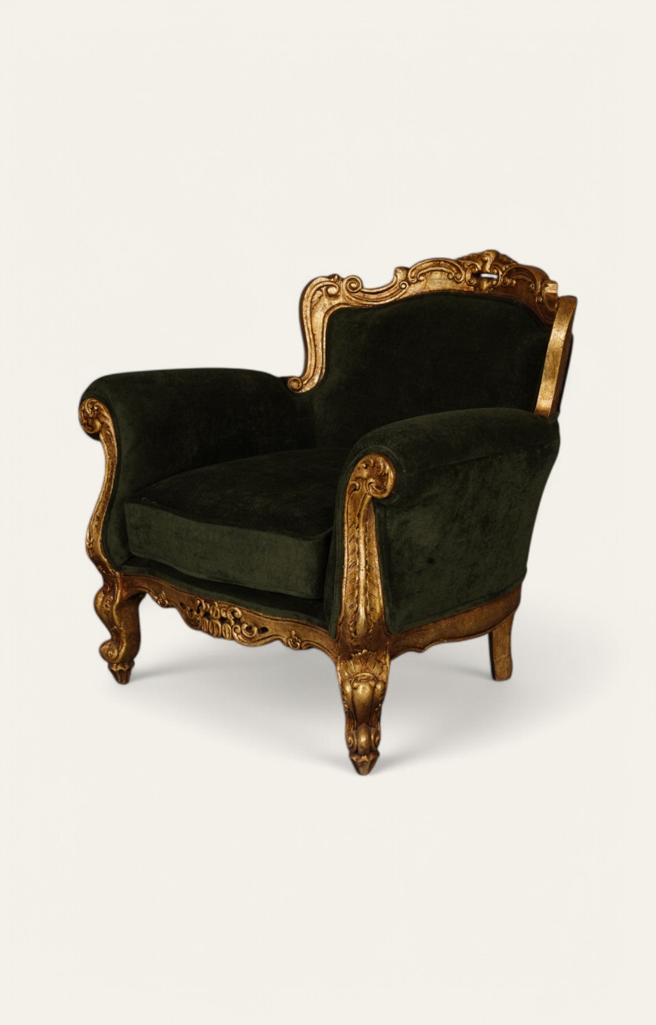 Baroque Velvet Armchair in Antique Gold Teak