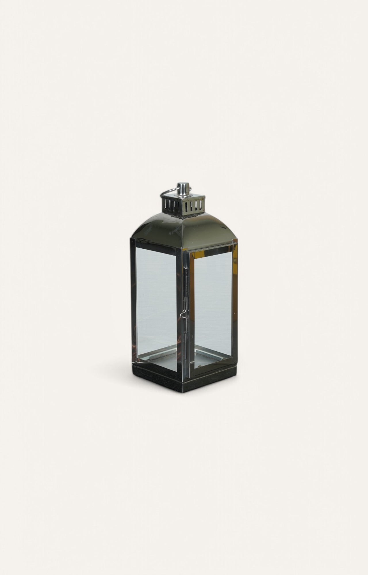 Square Glass Lantern with Ring Handle and Stainless Steel Rim