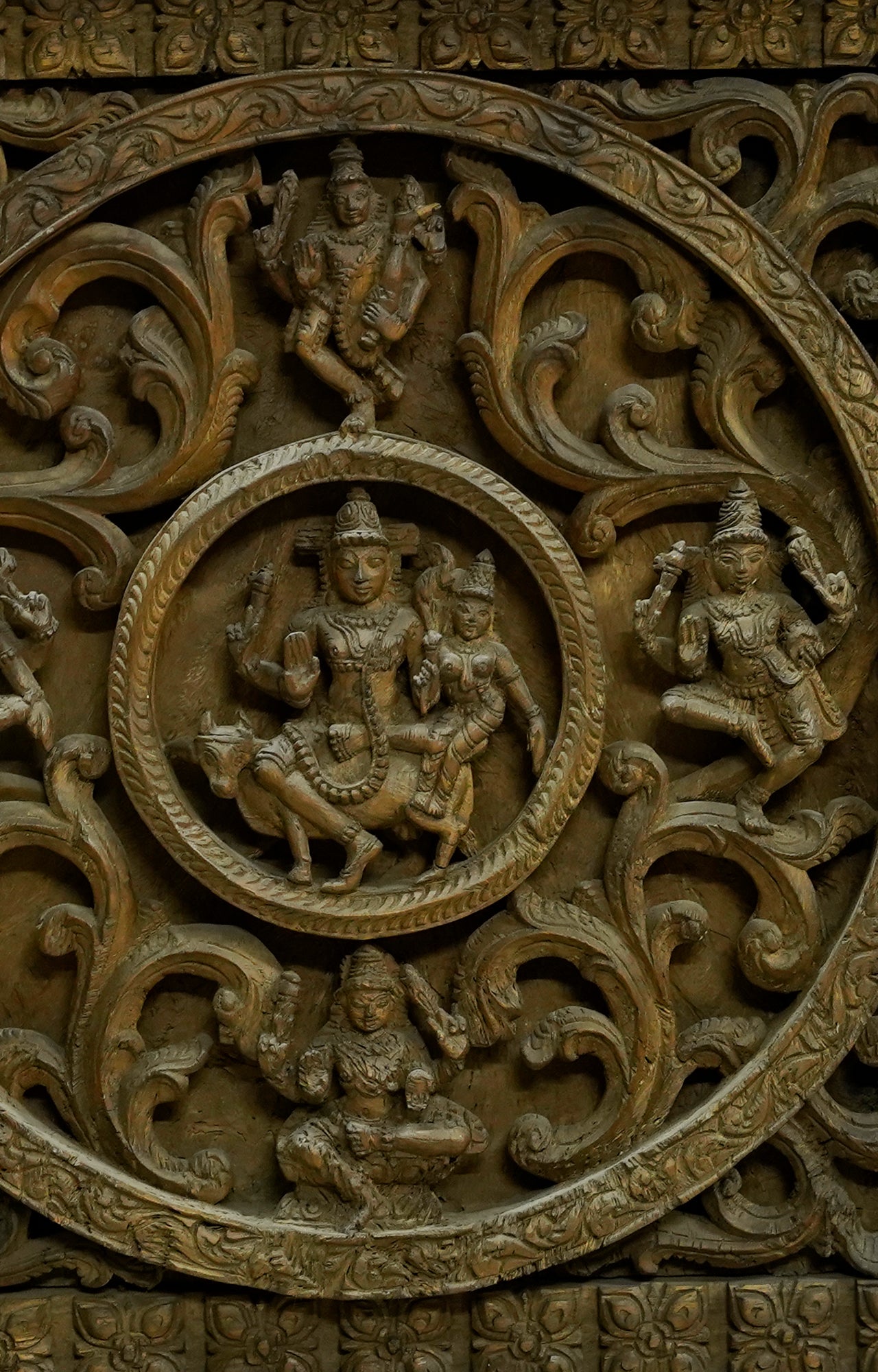 Vintage dark aged Wood Carving with Deities