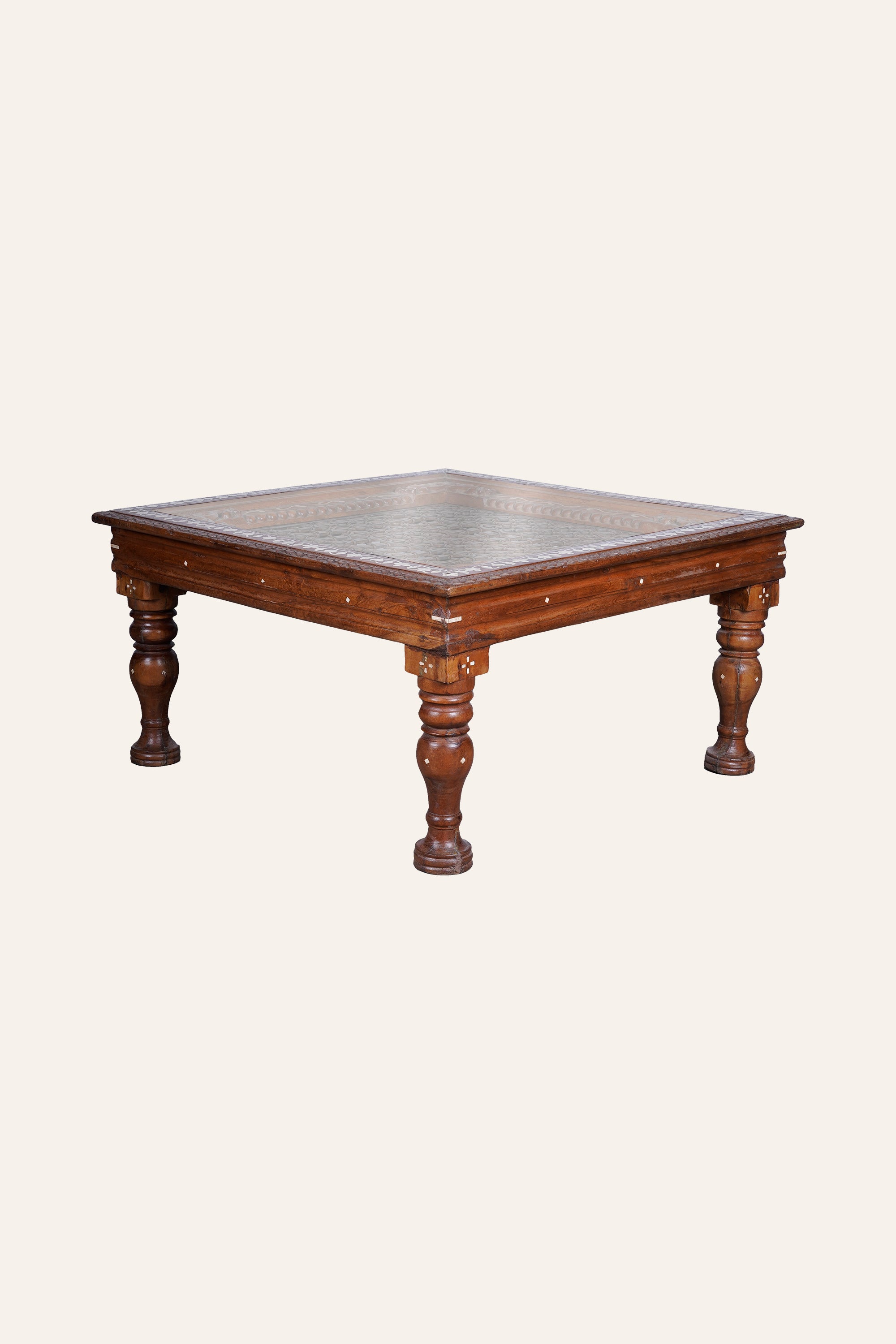 Bone Inlay Border Indian Style Coffee Table with Metal Mesh