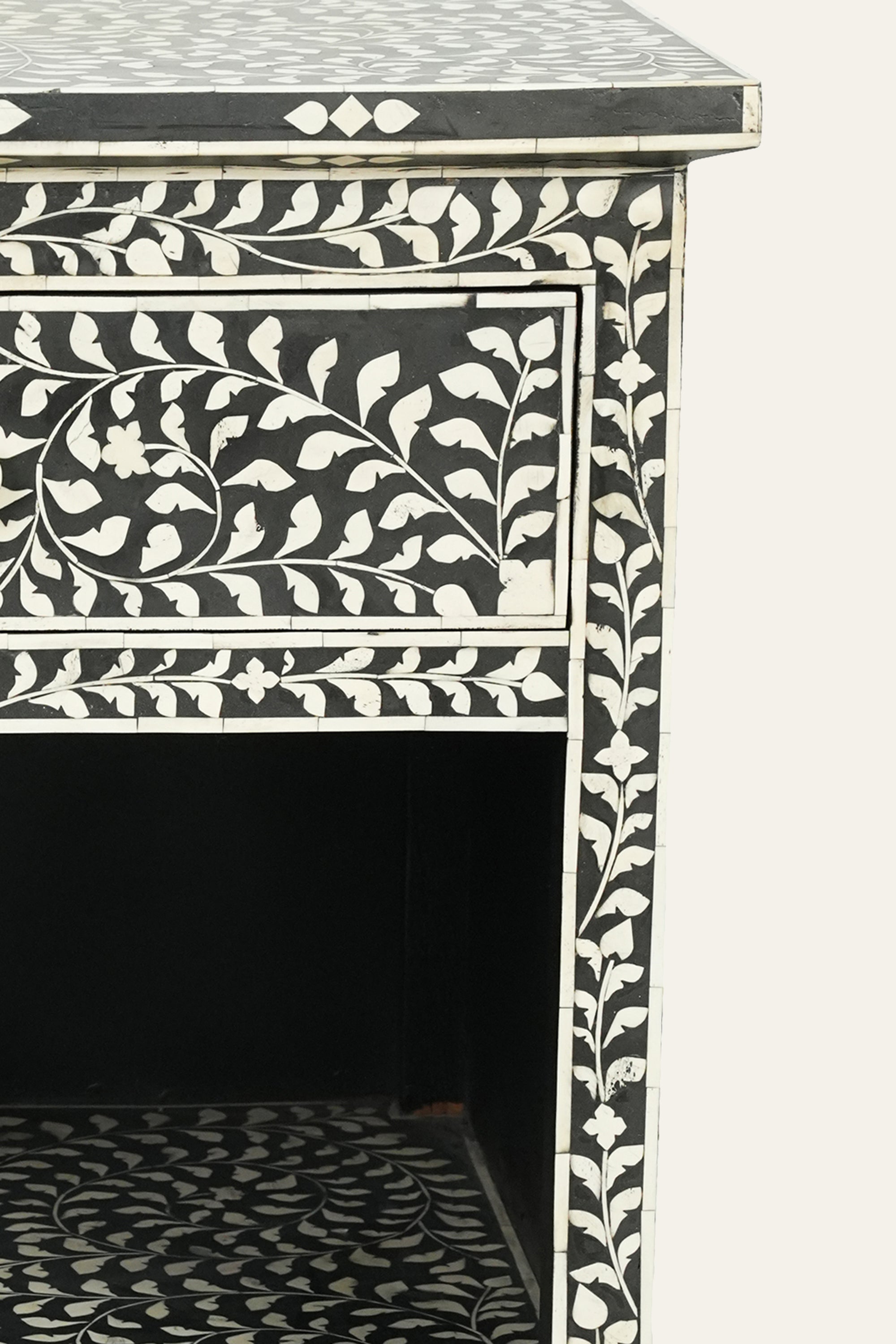Black Bone Inlay Floral Bedside Table with Open Shelf