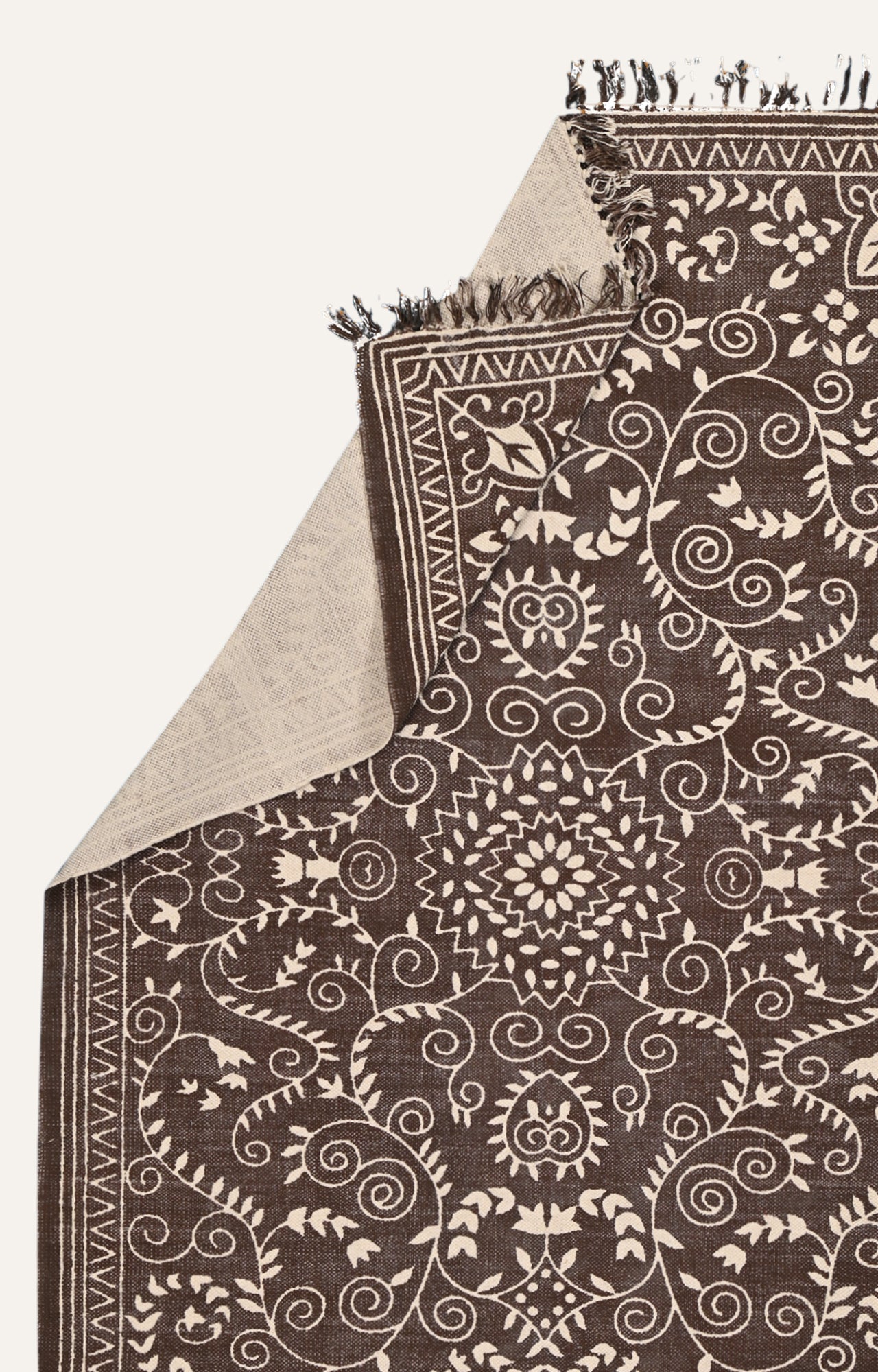 Brown & Ivory Floral Scroll Cotton Rug