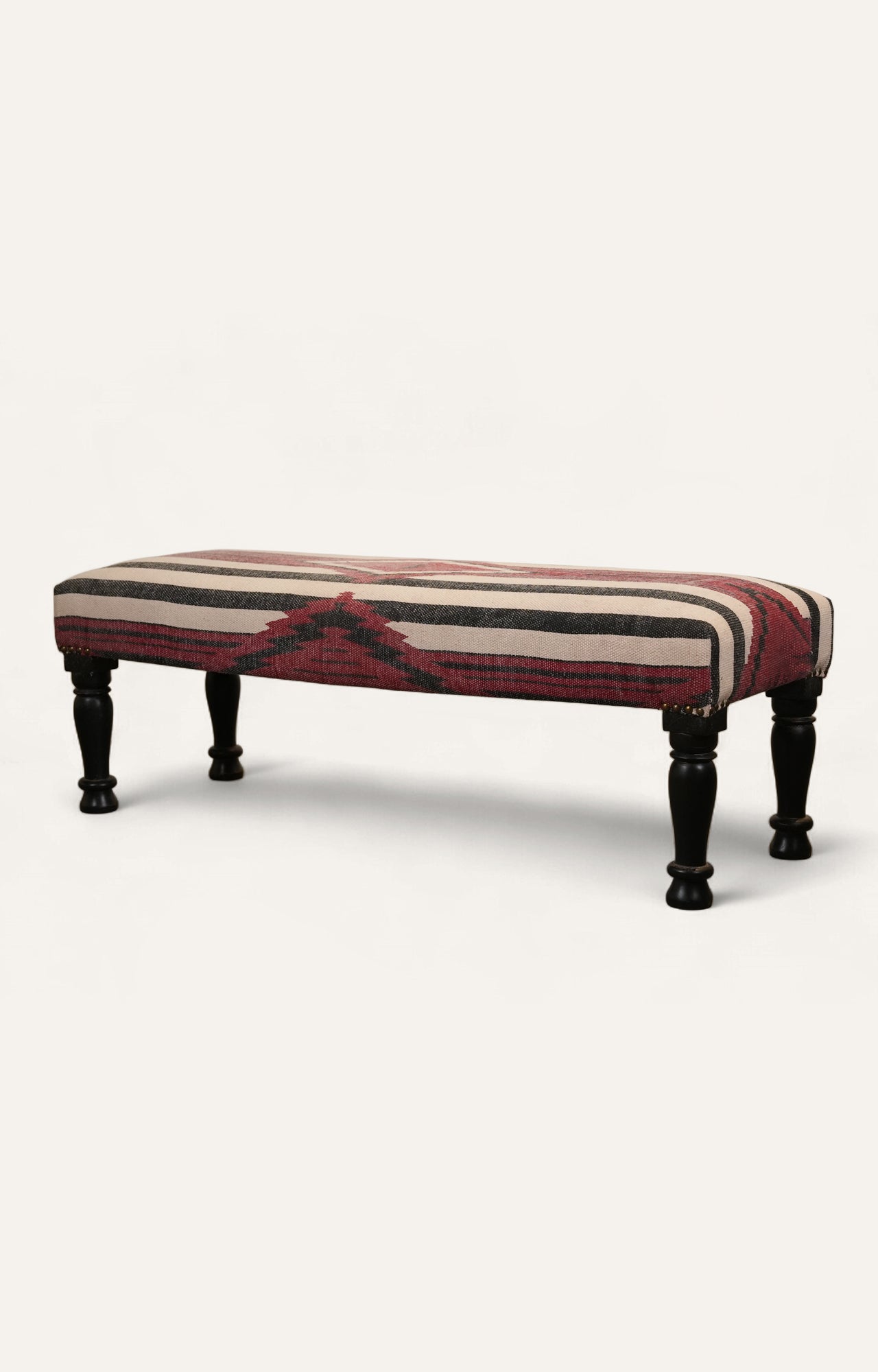 Kilim Upholstered Wooden Bench with Turned Legs