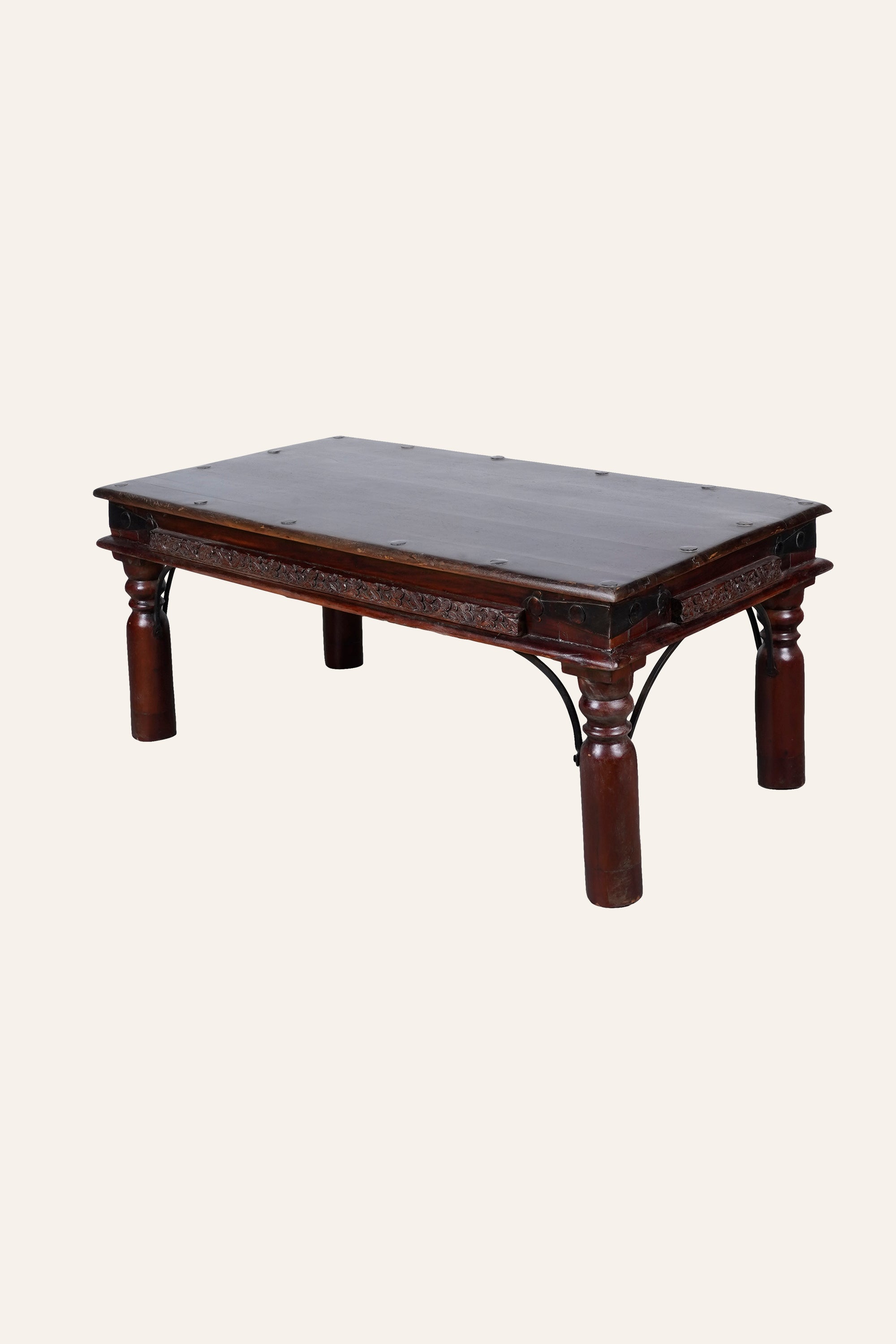 Carved Mughal Style Coffee Table with Metal Bracelets