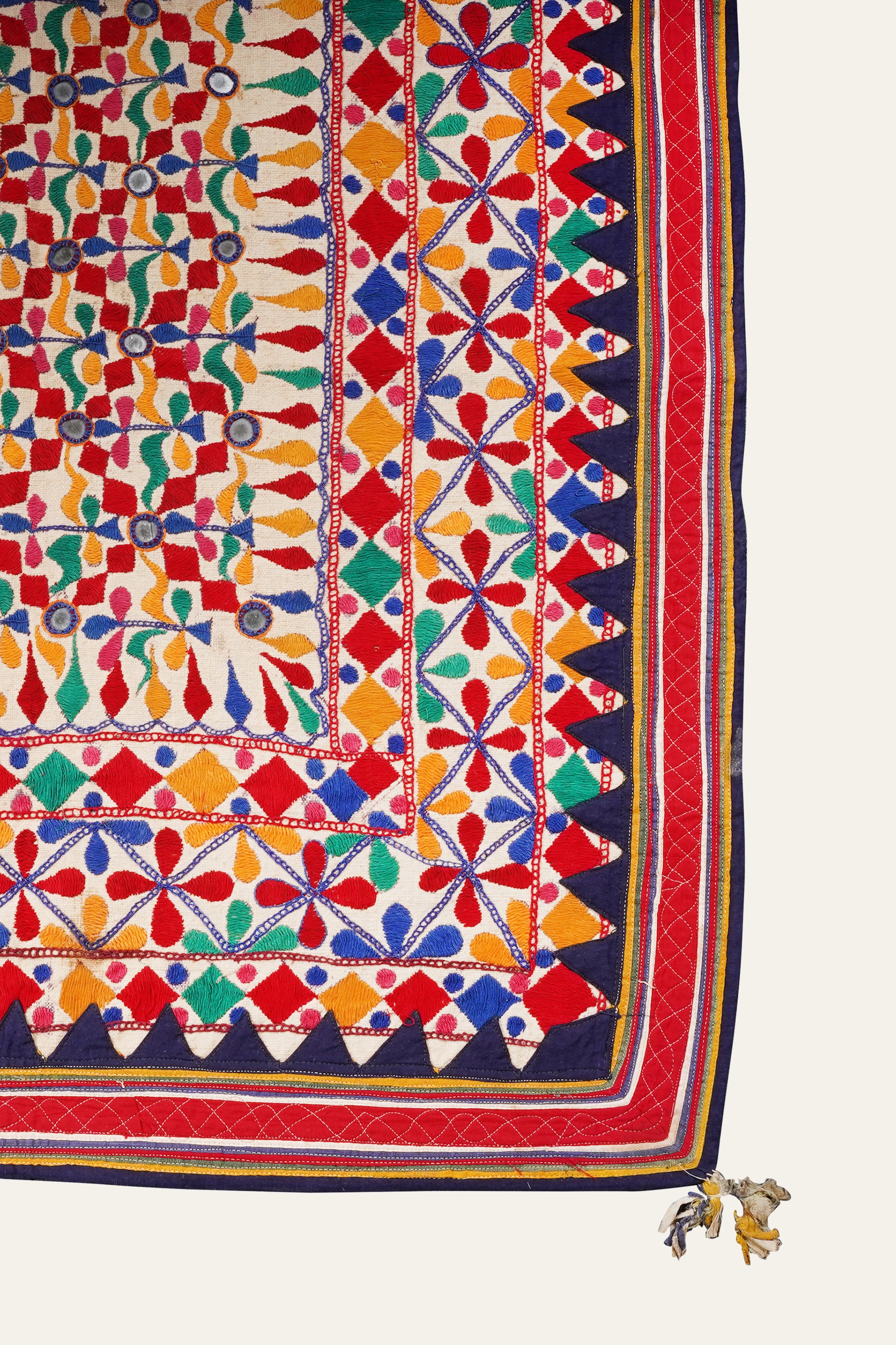 Gujrati Antique Textile Wall Hanging | Tribal Mirror Art Tapestry