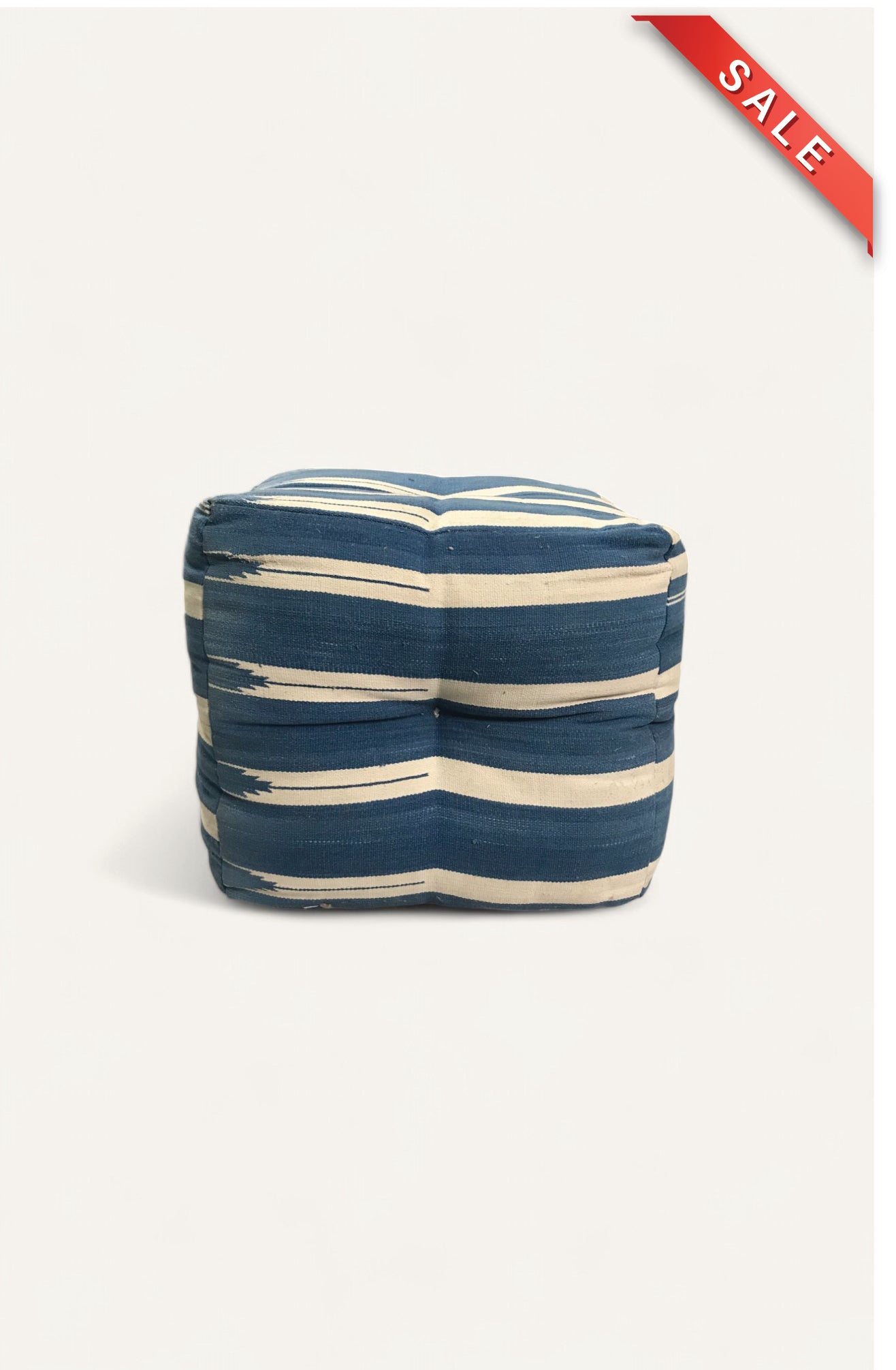 Blue and White Striped Handwoven Pouf Stool