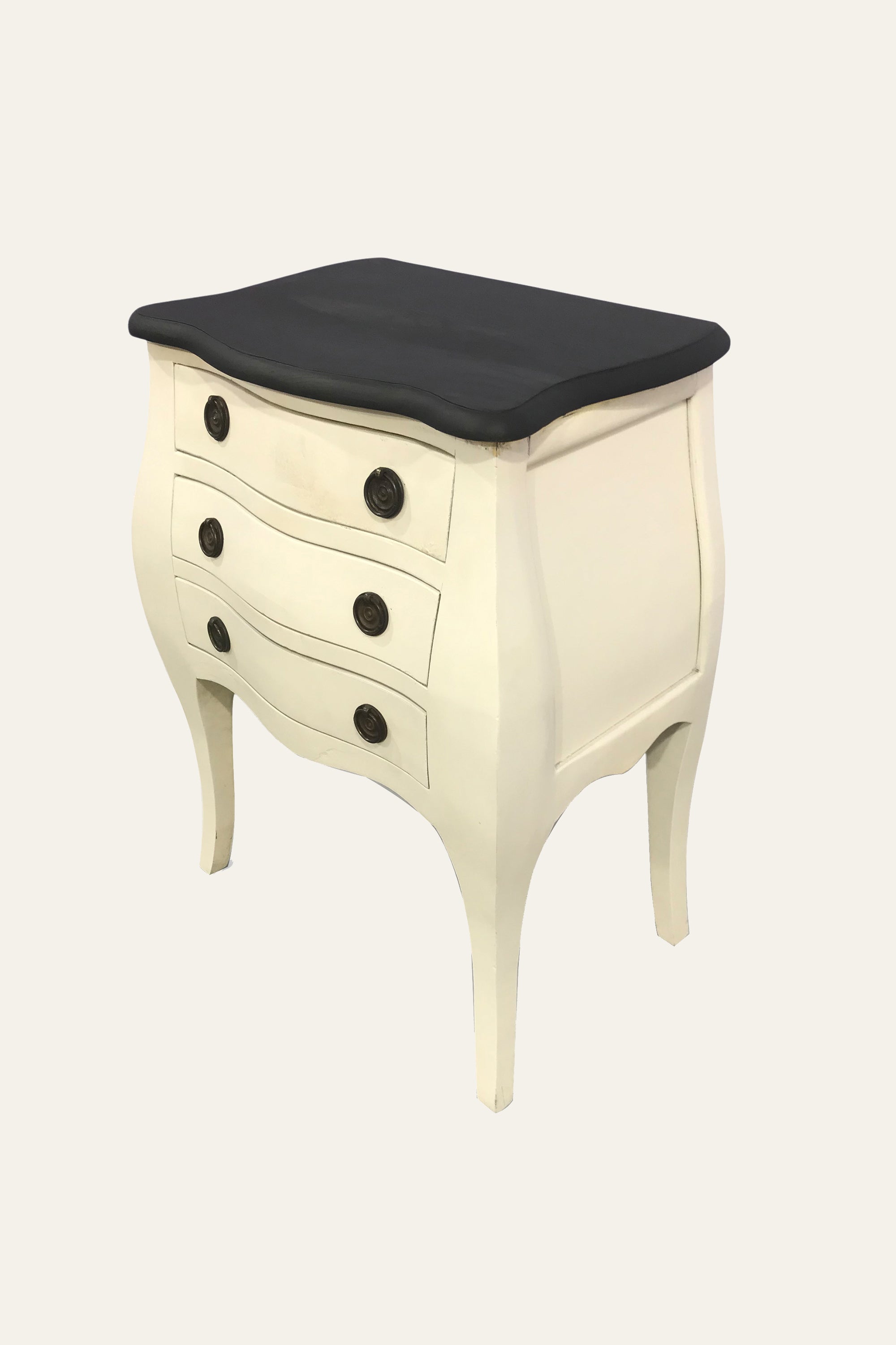 Dual Toned Bombe Style Bedside Table with Black Top