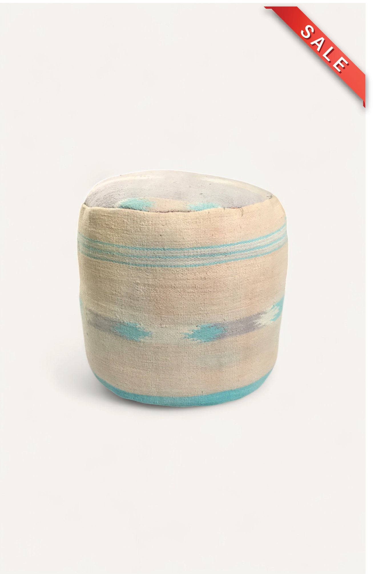 Handwoven Dhurrie Pouf Ottoman in Blue and Ivory