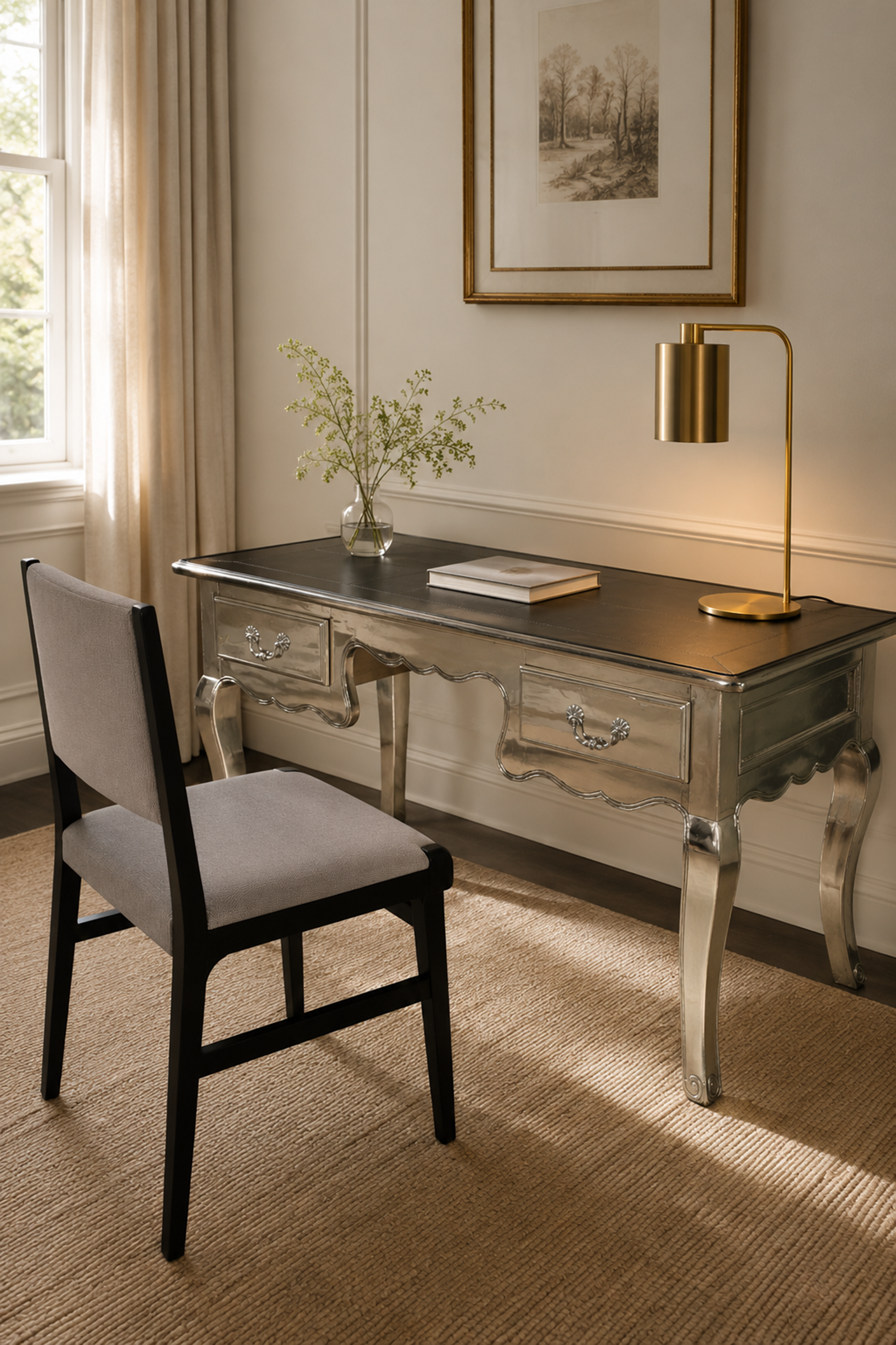 Two-Tone Wood Study Table with White Metal Legs and Drawers