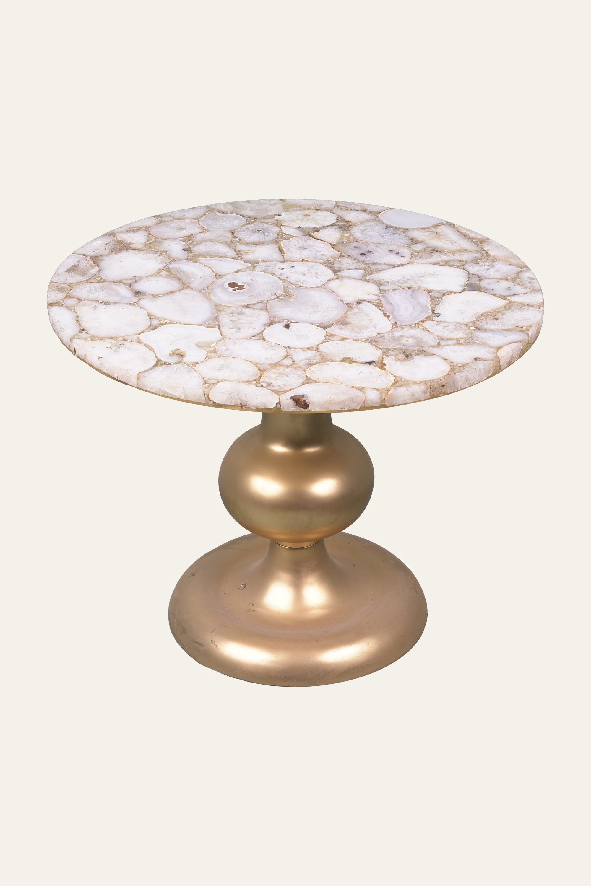 White Agate Inlay Side Table with Gold Pedestal Base
