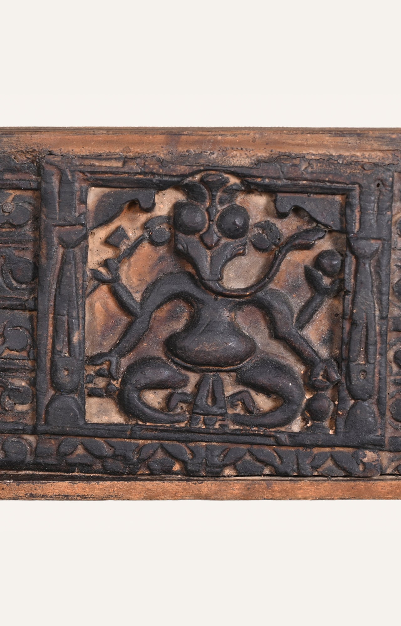 Elongated Vintage Wood Panel with Intricate Floral Carving with Ganesh ideal in between