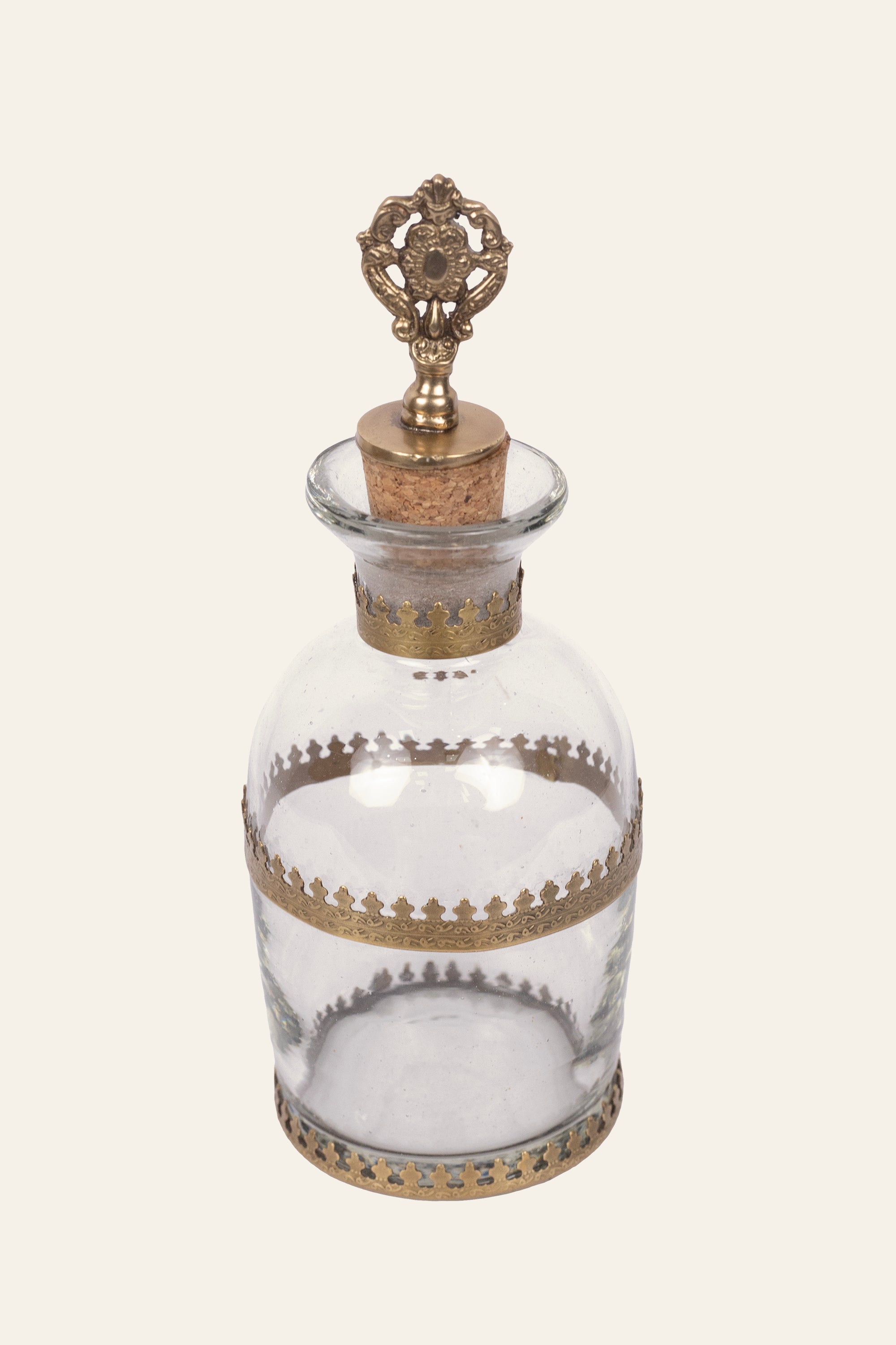 Vintage-Style Round Glass Bottle Container with Antique Brass Detailing