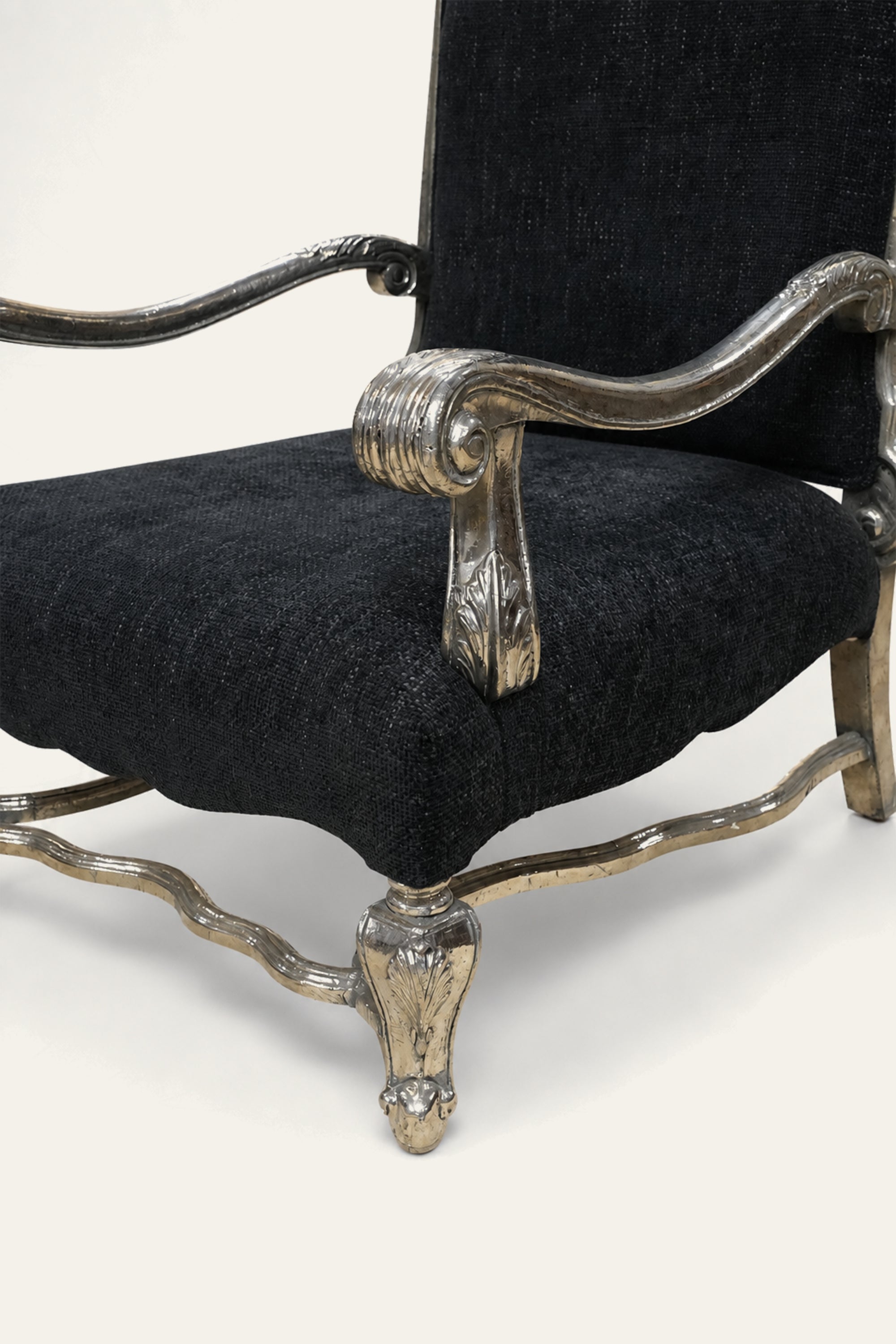 French Regence White Metal Black Upholstered Armchair