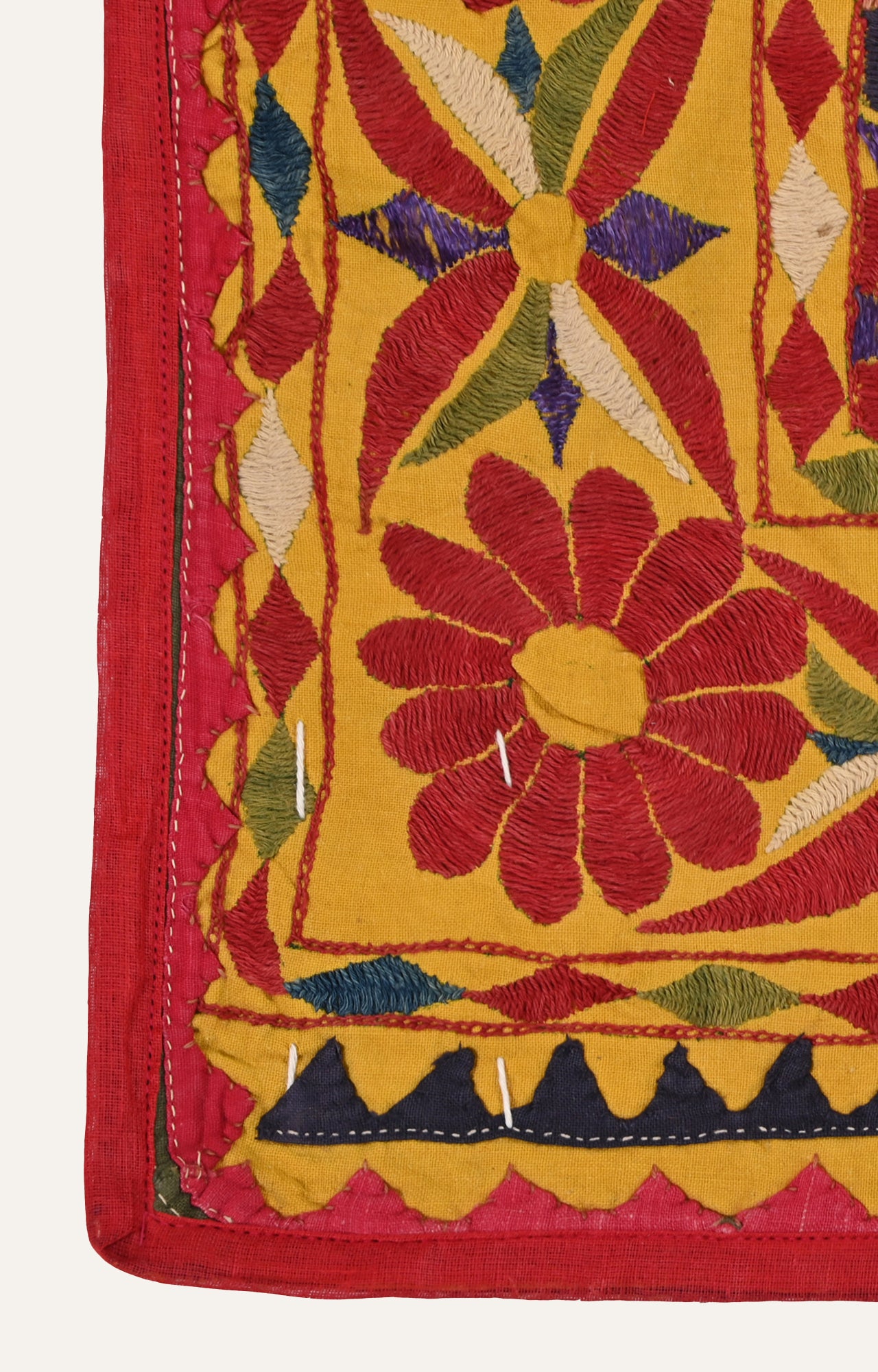 Vintage yellow Hand-Embroidered Gujarati Tapestry