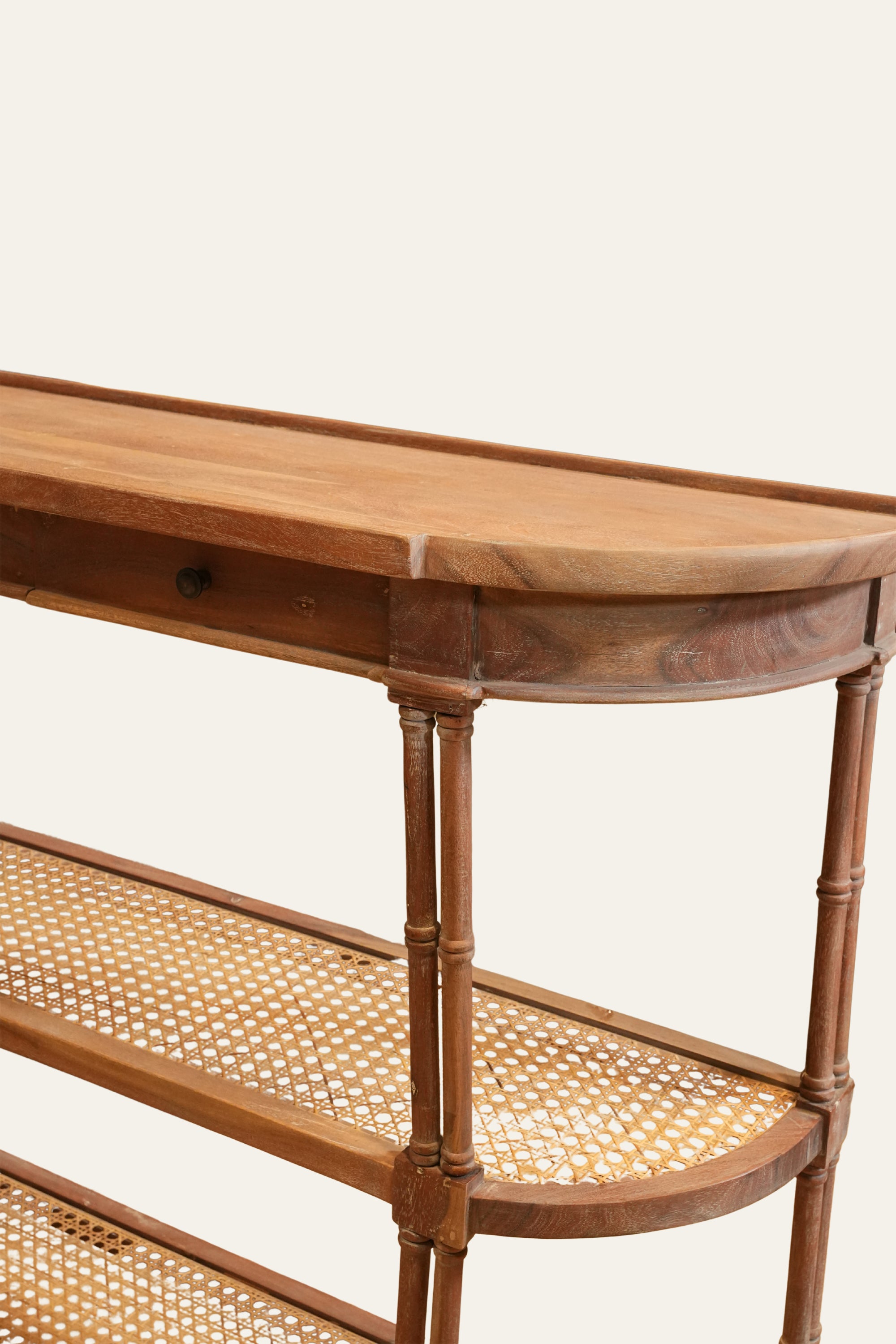 Three Tier Cane Half Round Console Table with Inbuilt Drawers