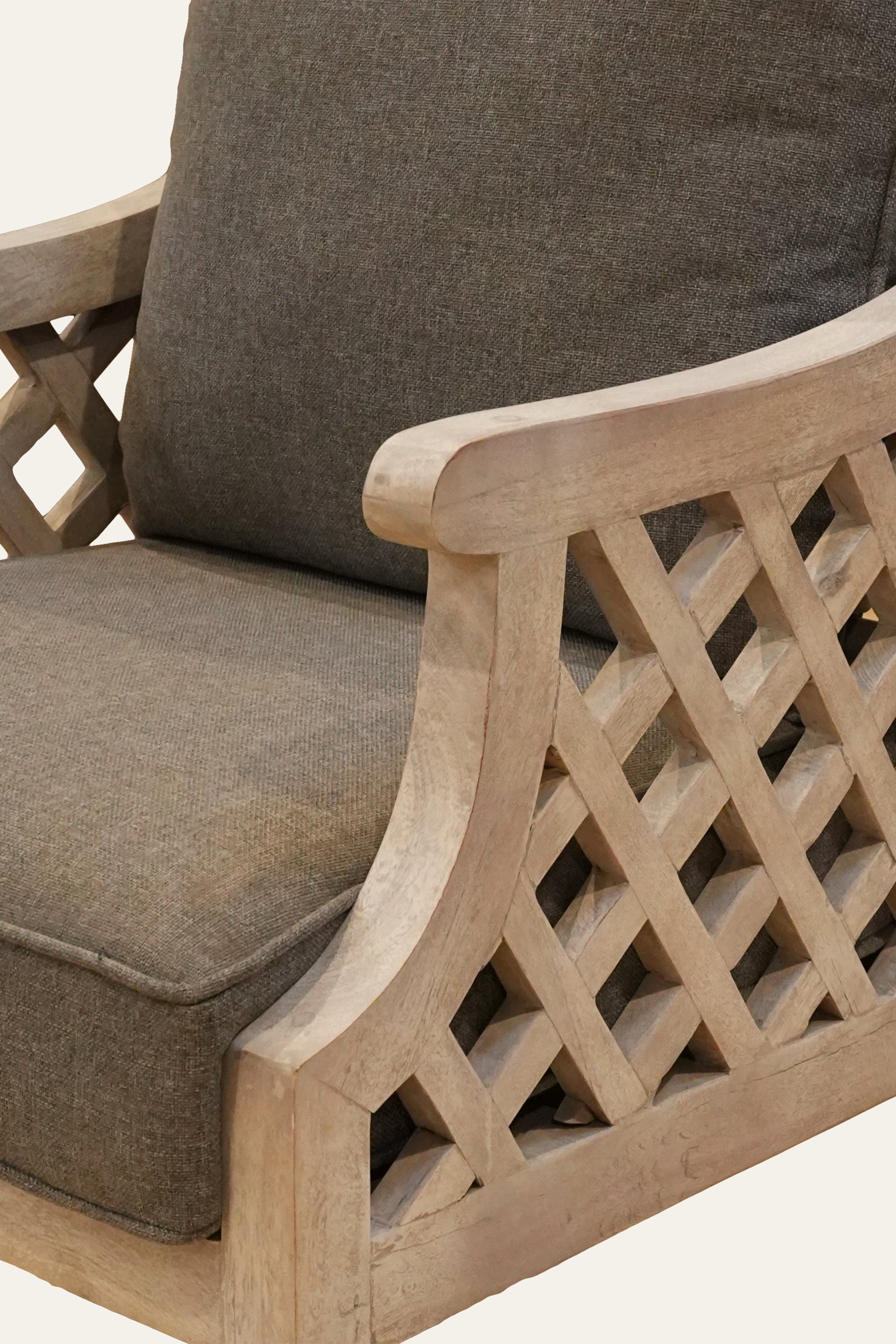 Light Brown Lattice Armchair with Grey Upholstery