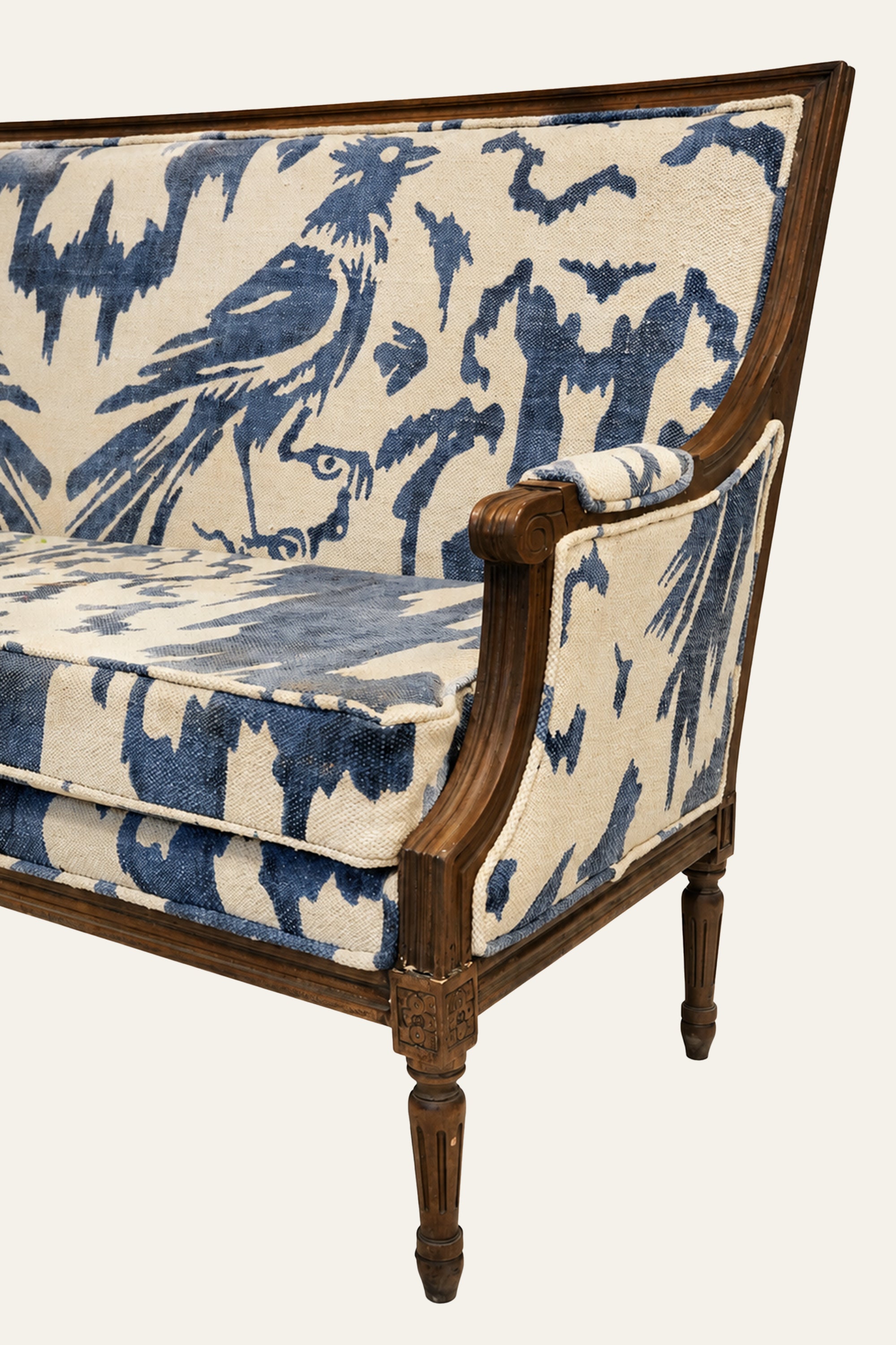 Indigo Upholstered Wooden Frame Sofa with Bird Motifs
