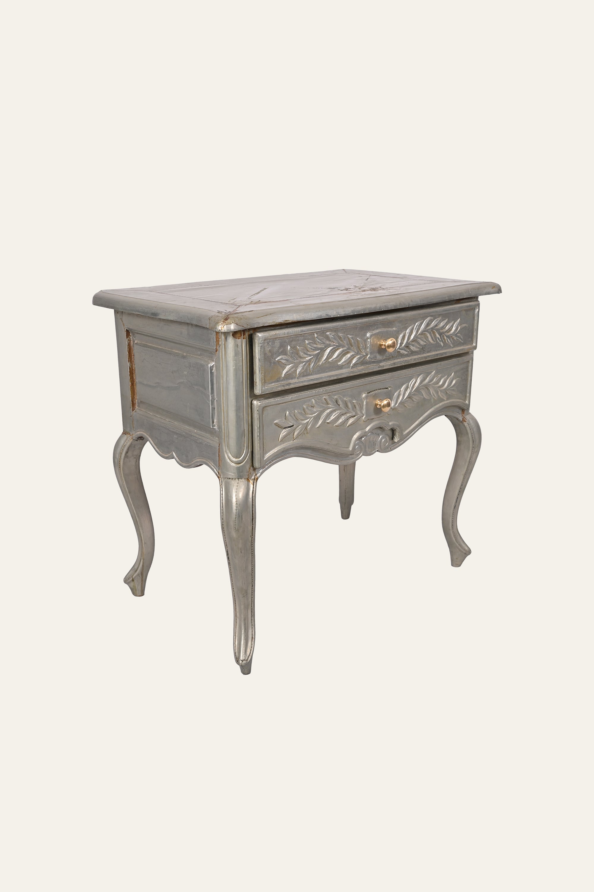 French Style White Metal Embossed 2-Drawer Chest of Drawers