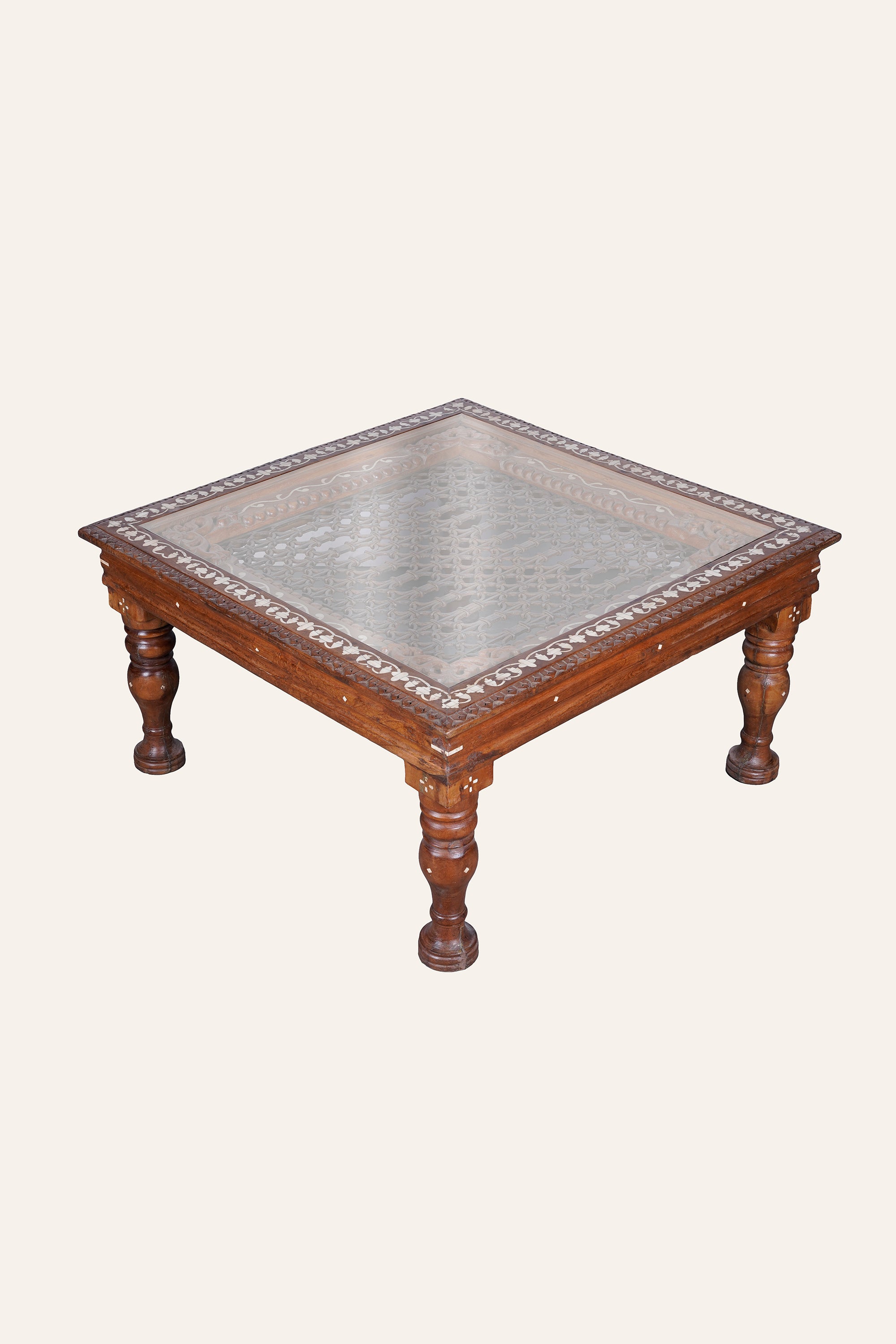 Bone Inlay Border Indian Style Coffee Table with Metal Mesh