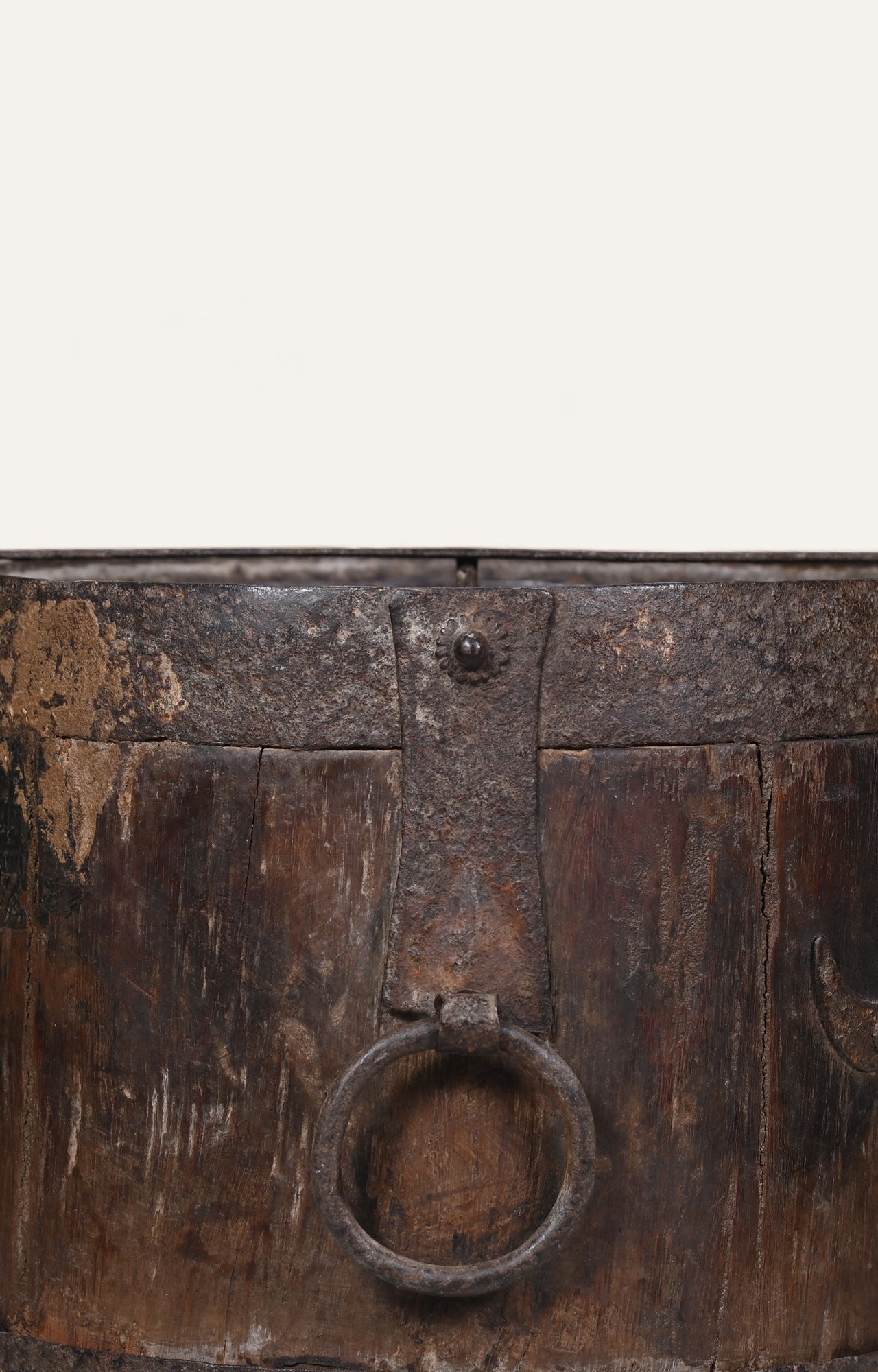 Vintage Water Barrel-Metal Detail / Rustic Wood Planter with Metal Accents