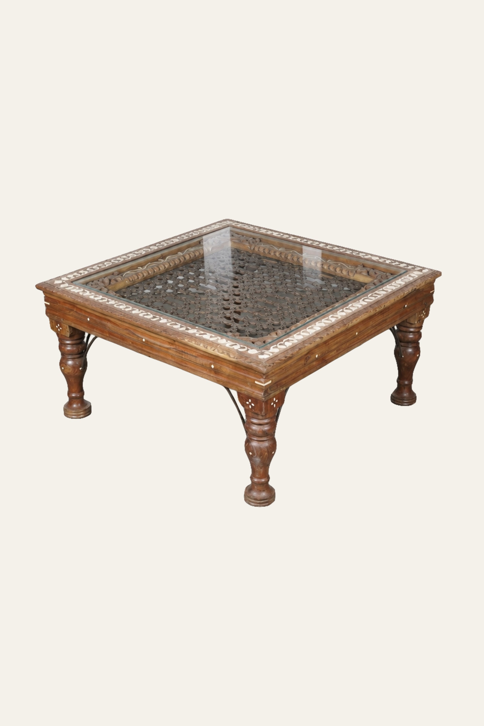 Light Wood Mesh Coffee Table with Bone Inlay Floral Border