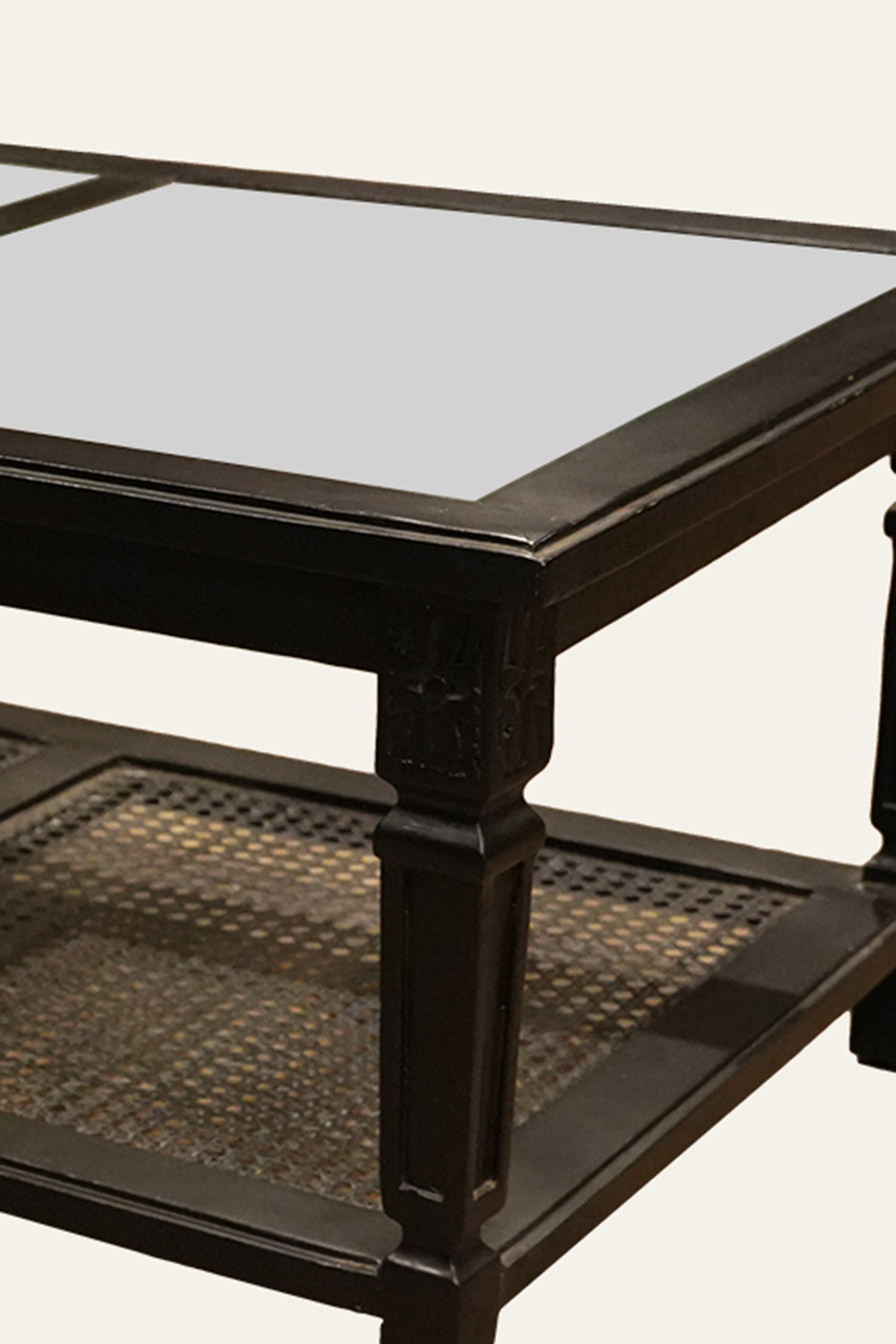 Gustavian Style Black 2-Tiered Glass Coffee Table with Cane Shelf