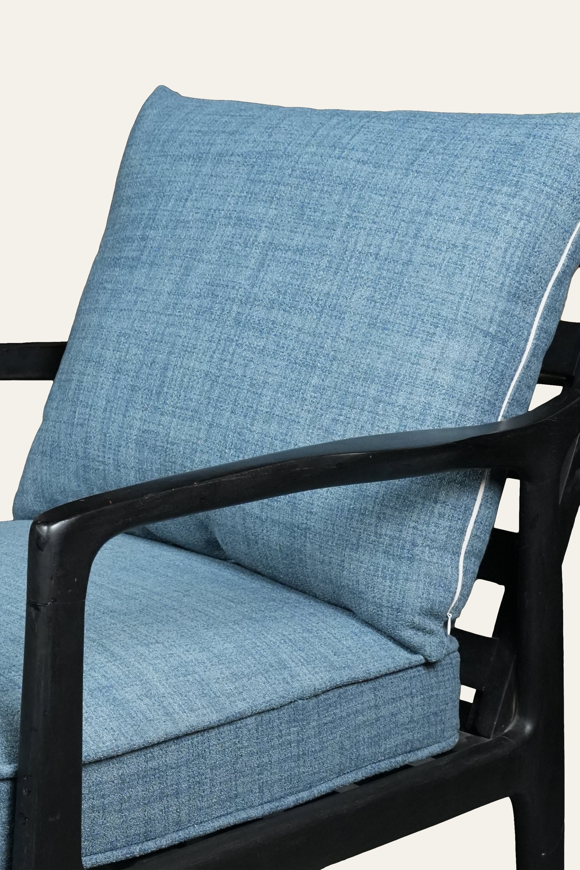 Blue Upholstered Wooden Lounge Chair with Slatted Backset