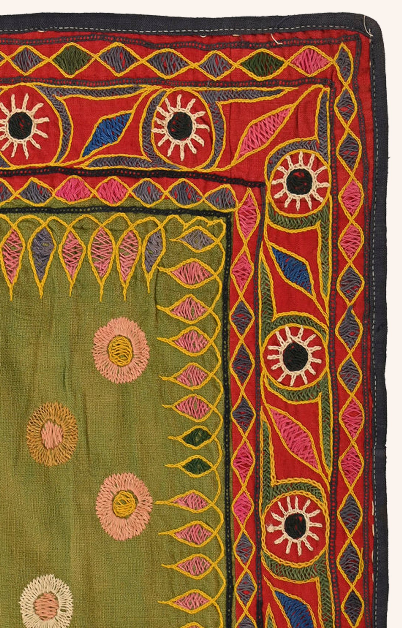 Green Kutch Embroidery with Red border around Wall tapestry