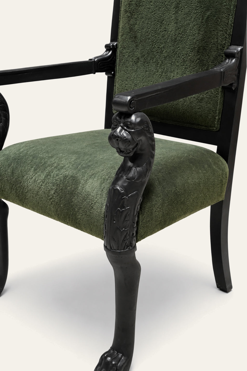 Empire Revival Style Carved Dark Green Upholstered Armchair