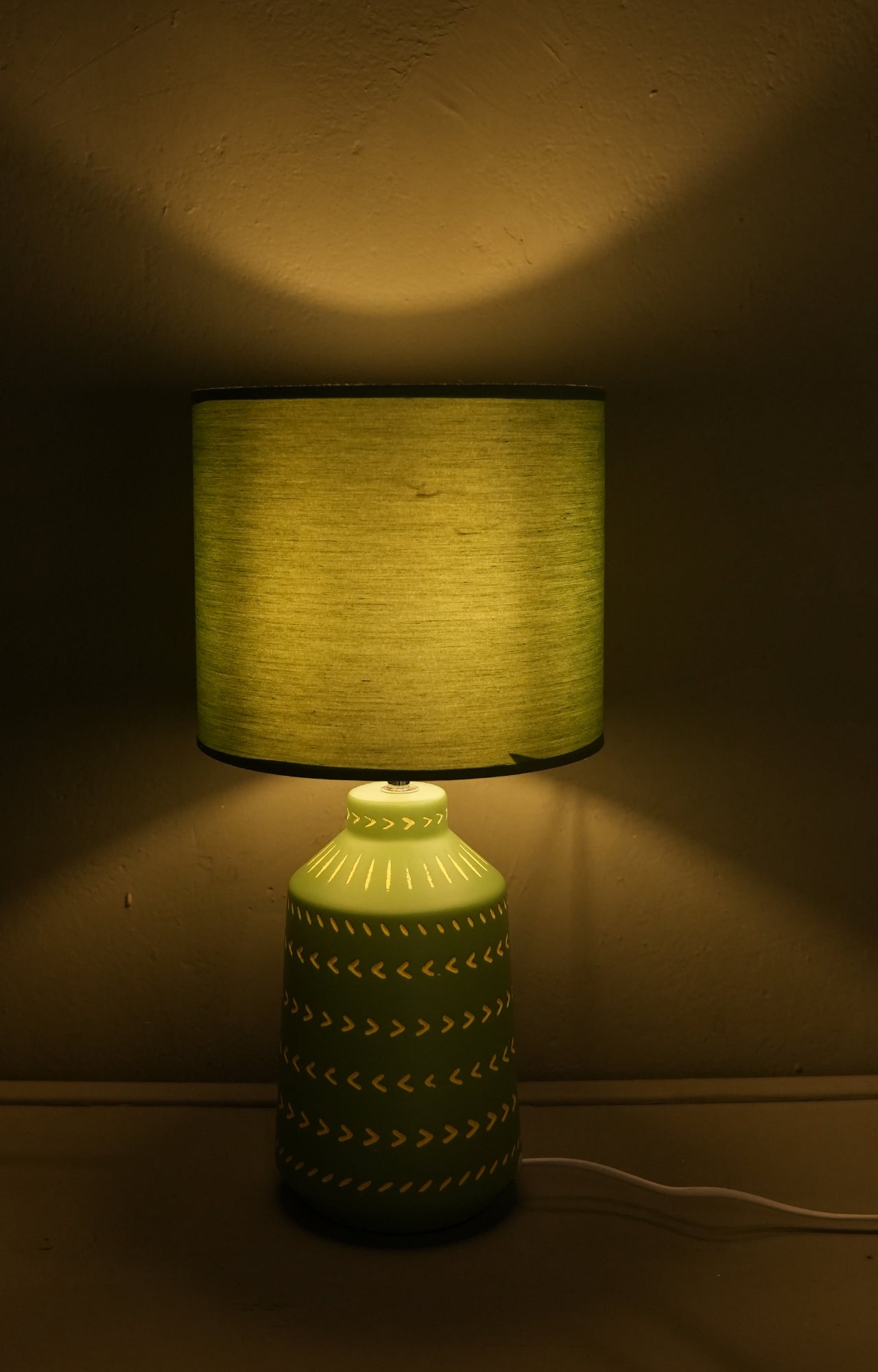 Green Ceramic Table Lamp with Tribal Pattern