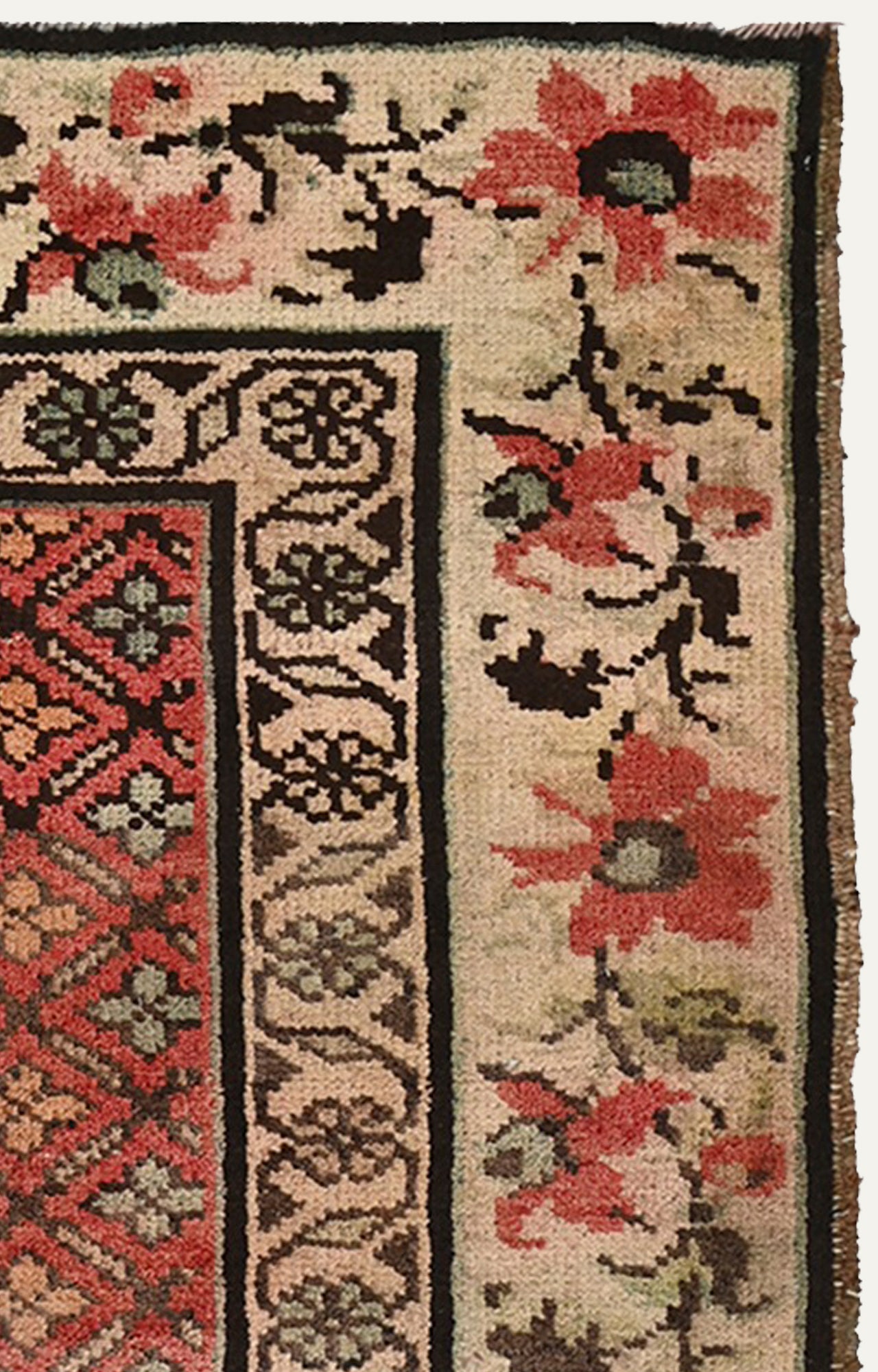 4 x 7 Ft Century-Old Carpet with Floral Border and Distressed Finish