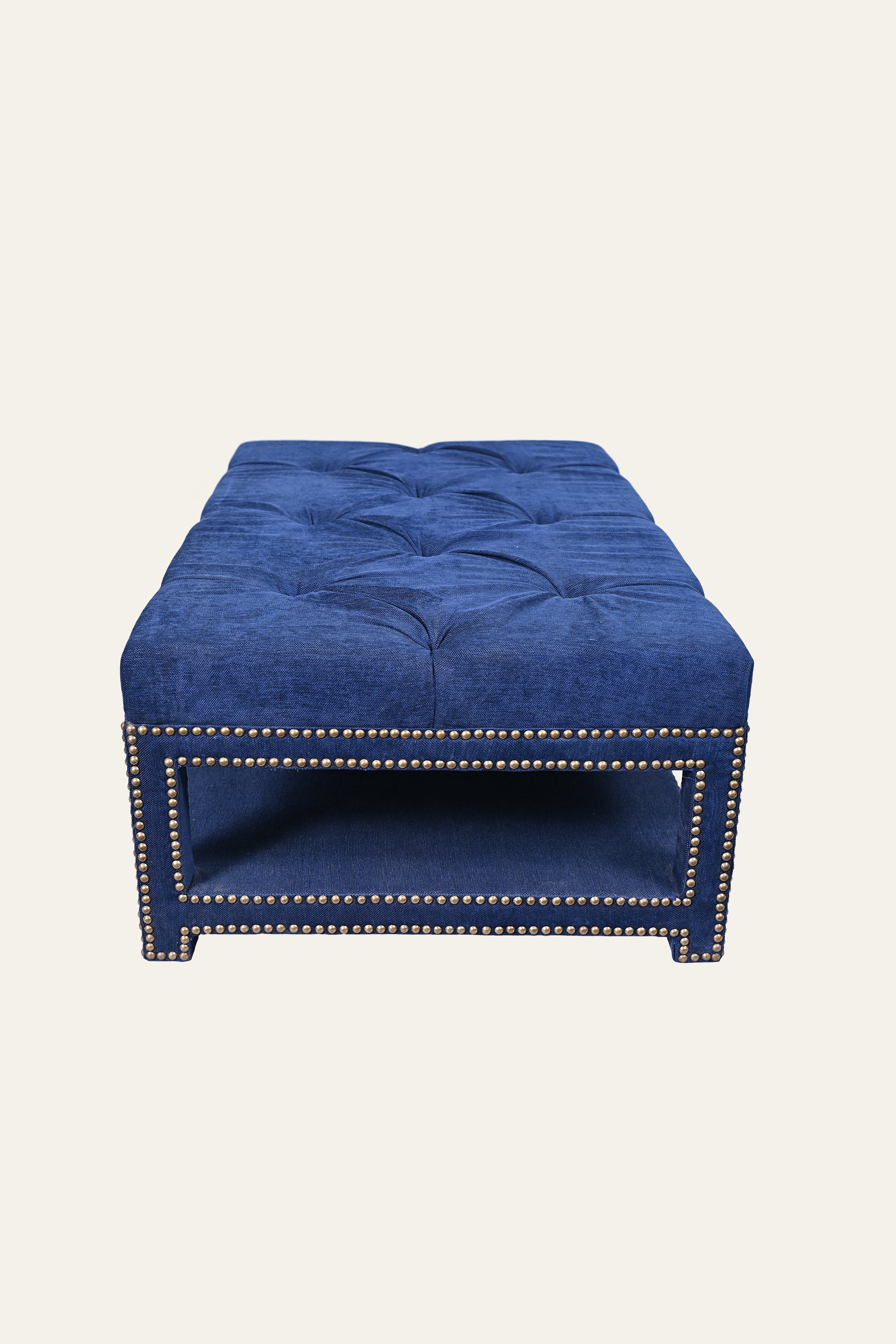 Navy Blue Tufted Coffee Table with Brass Nailhead Trim