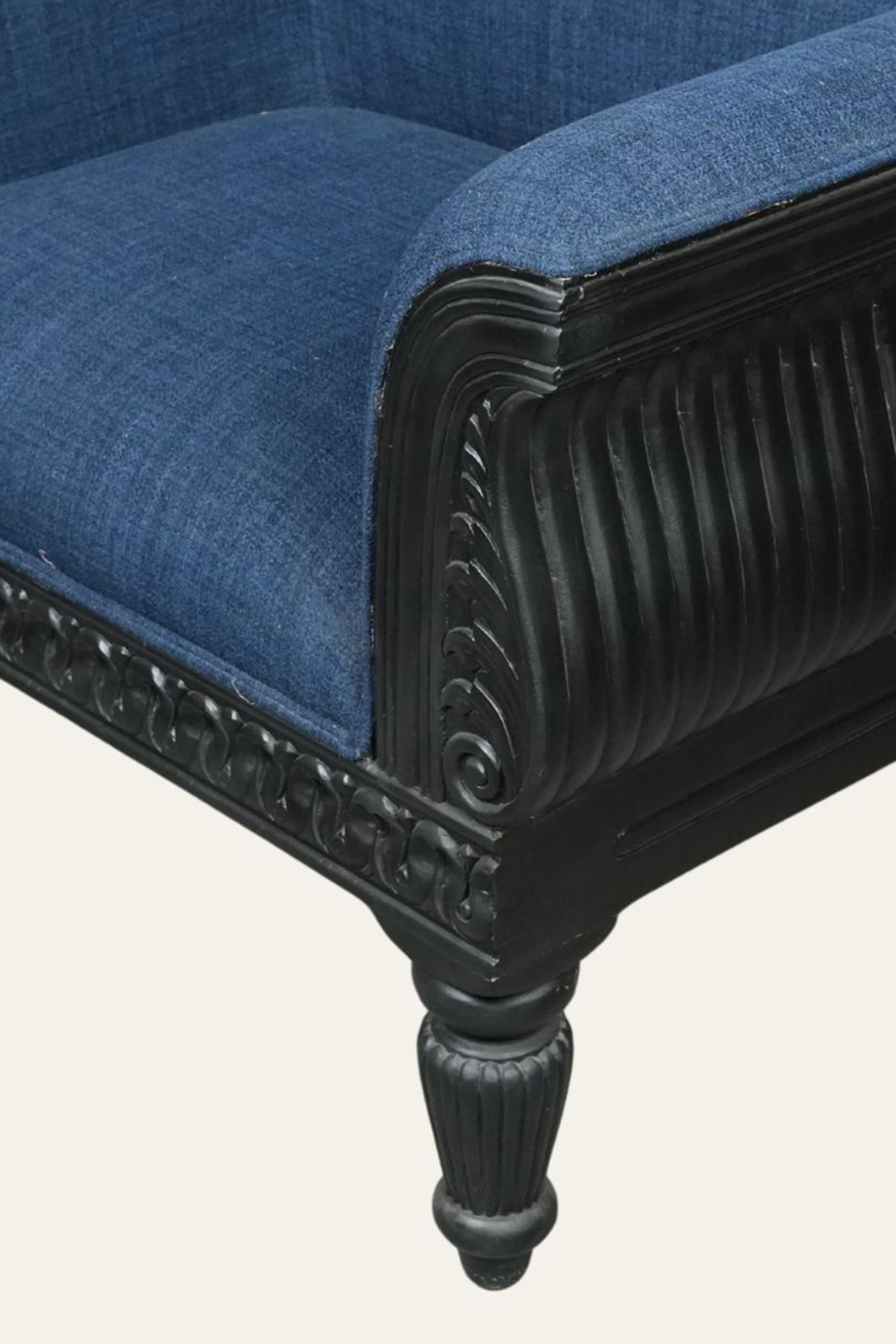 Blue Barrel Armchair with Black Carved Wood Frame