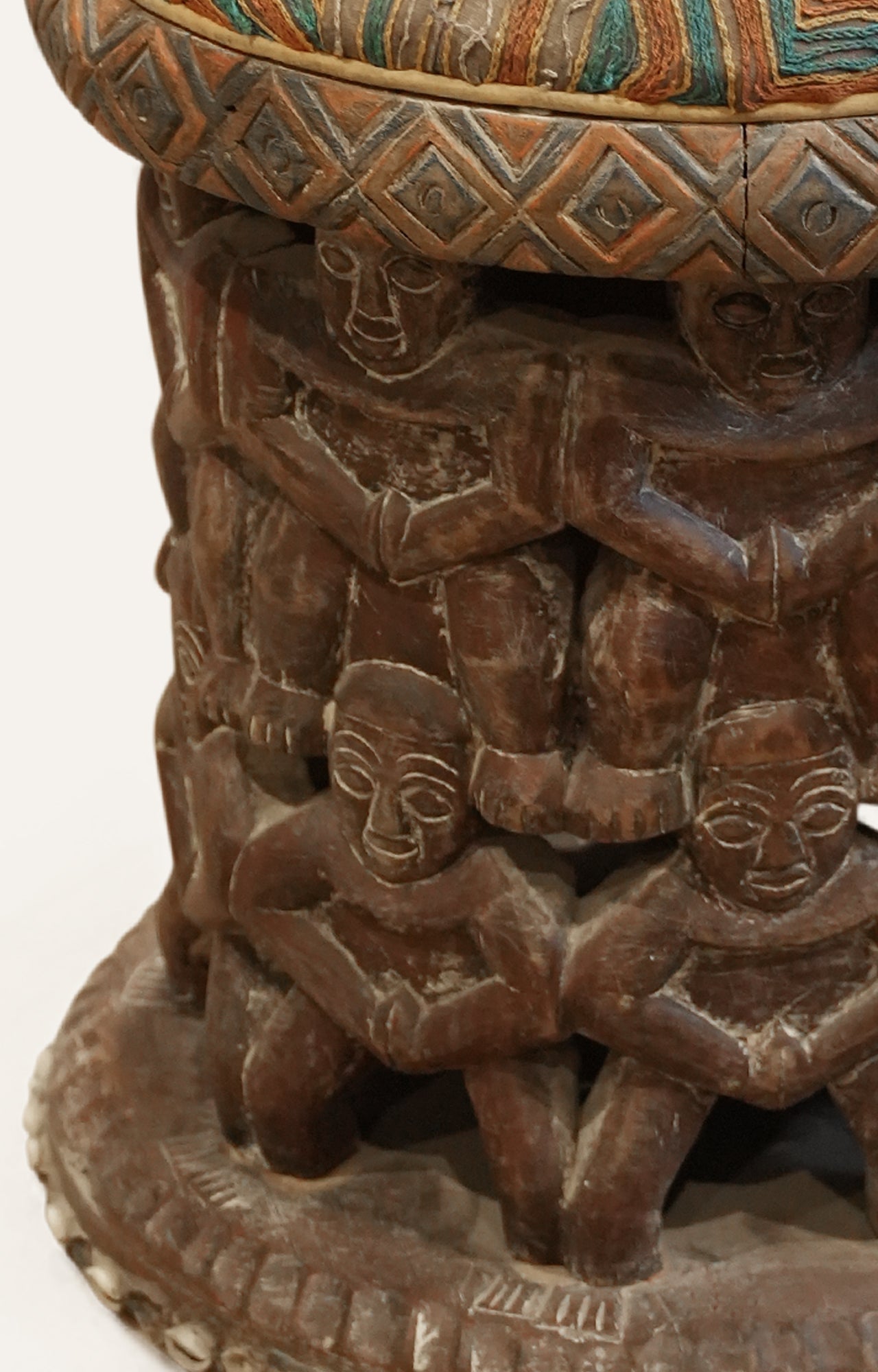 Tribal Carved Figure Stool with Embroidered Seat