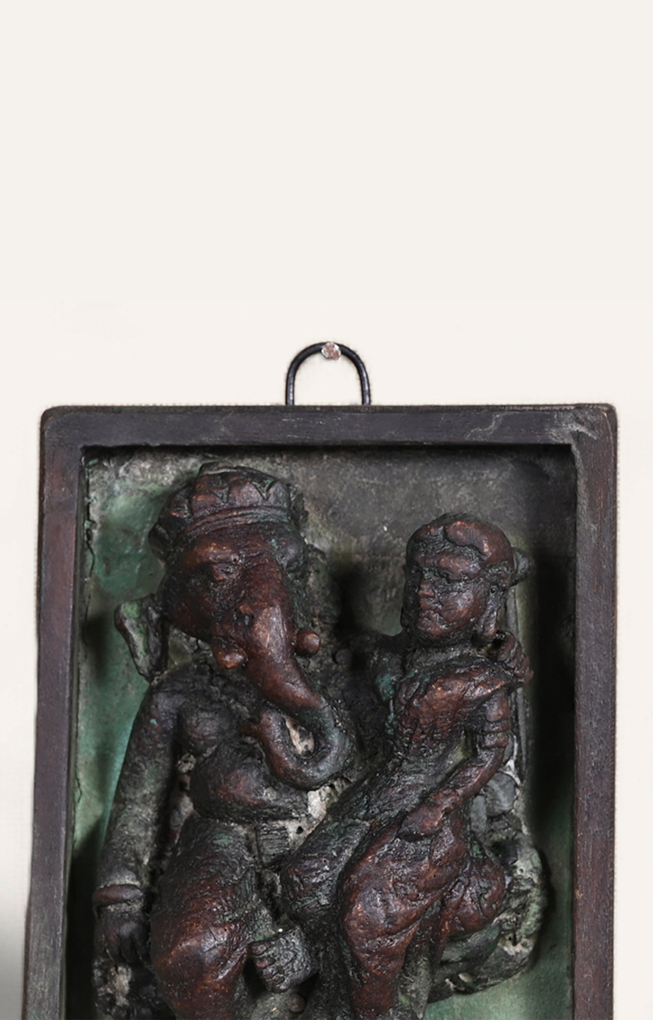 Carved Green Patina Wooden Panel with Ganesha, panel used for hanging