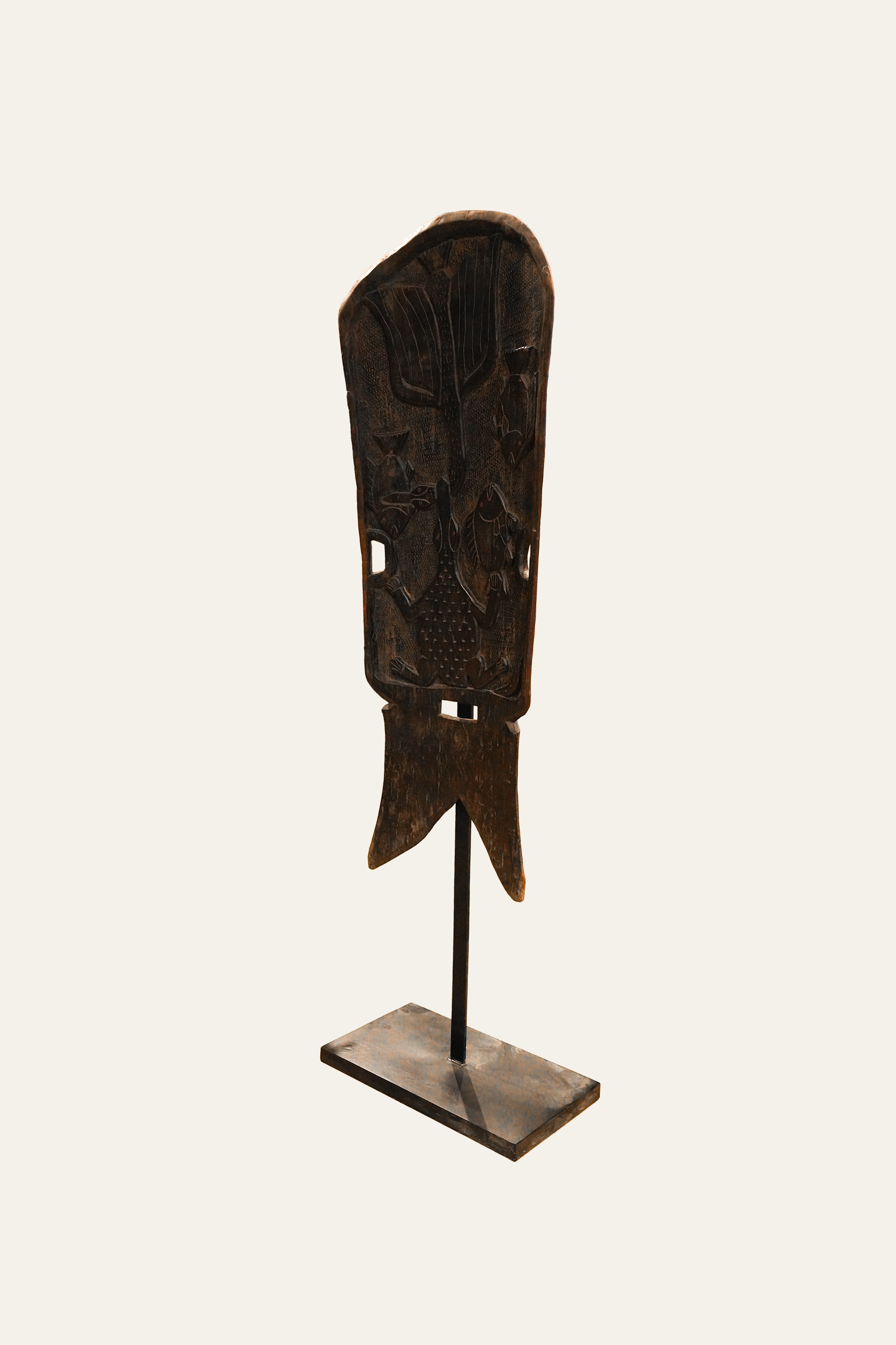Tribal Carved Wooden Standing Decor on Metal Base