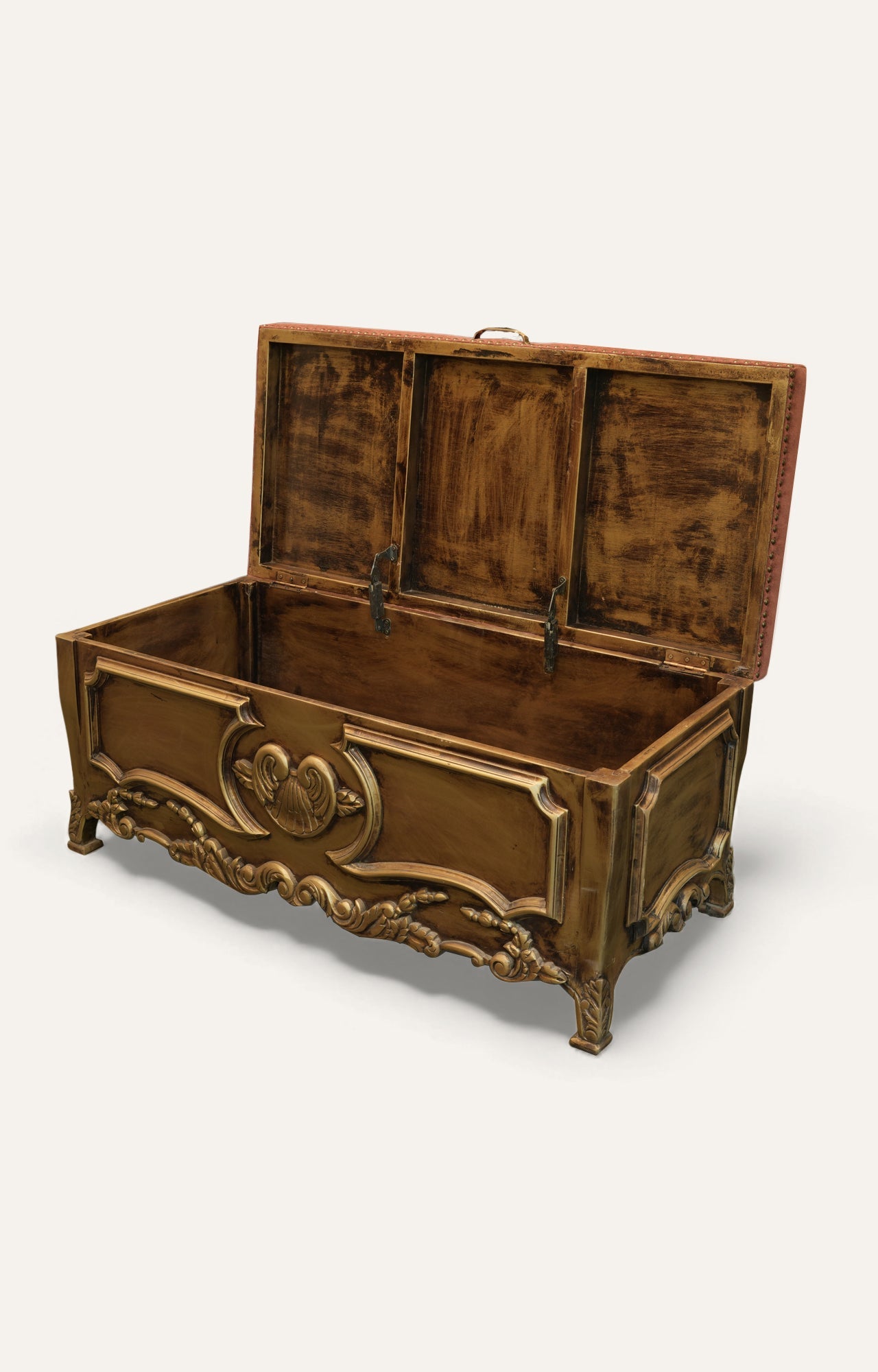 Gold Carved Storage Bench with Velvet Upholstered Seat