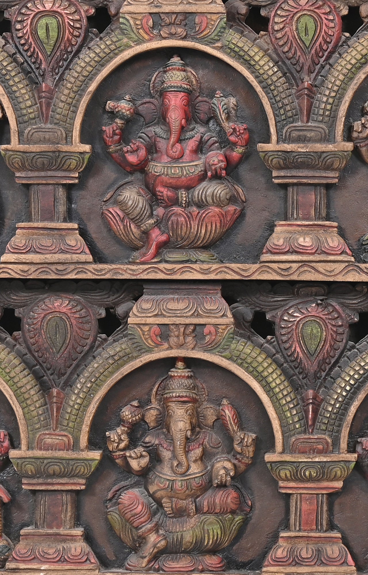 Richly Coloured Wooden Panel Of Six Ganesha Figurines