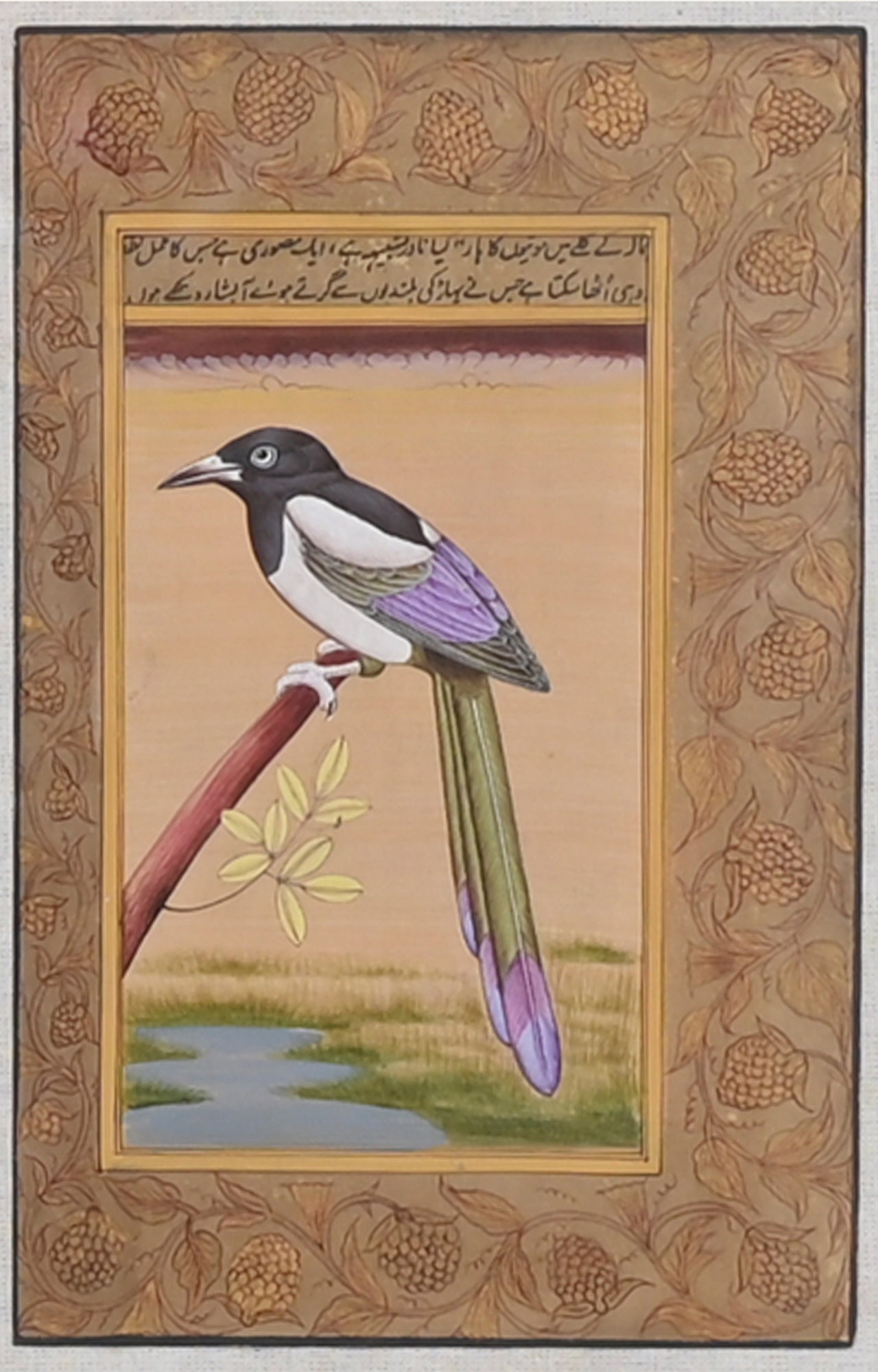 Handmade Indian Mughal Botanical Miniature Watercolor Bird Art Painting