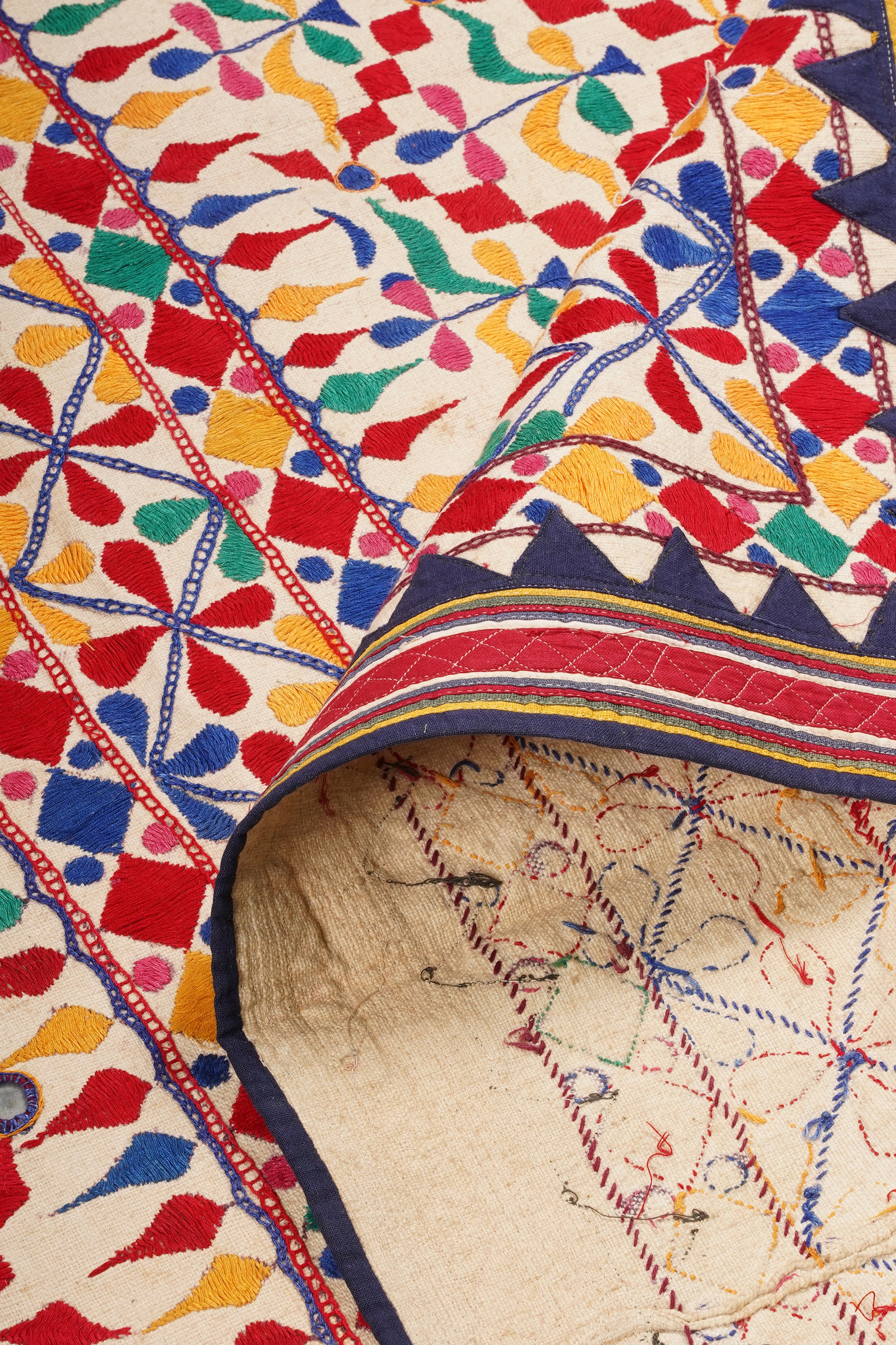 Gujrati Antique Textile Wall Hanging | Tribal Mirror Art Tapestry