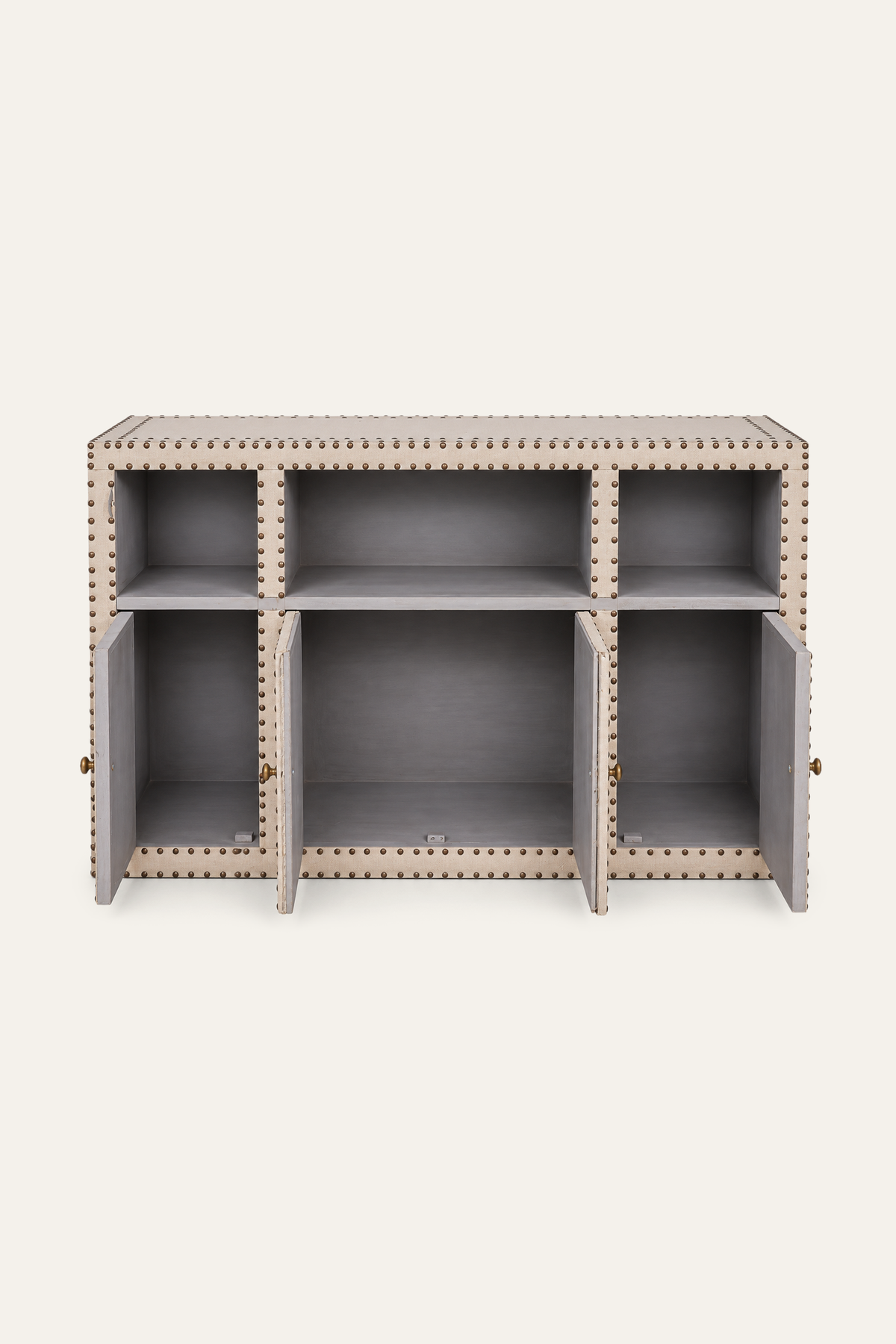 Light Brown Brass-Studded 4-Door Sideboard with Open Shelves