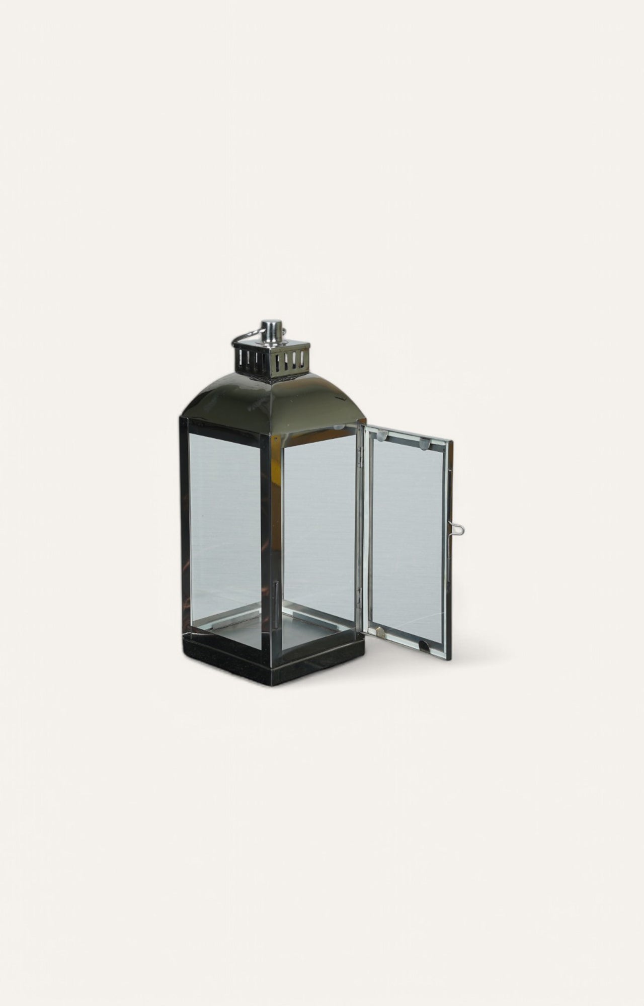 Square Glass Lantern with Ring Handle and Stainless Steel Rim