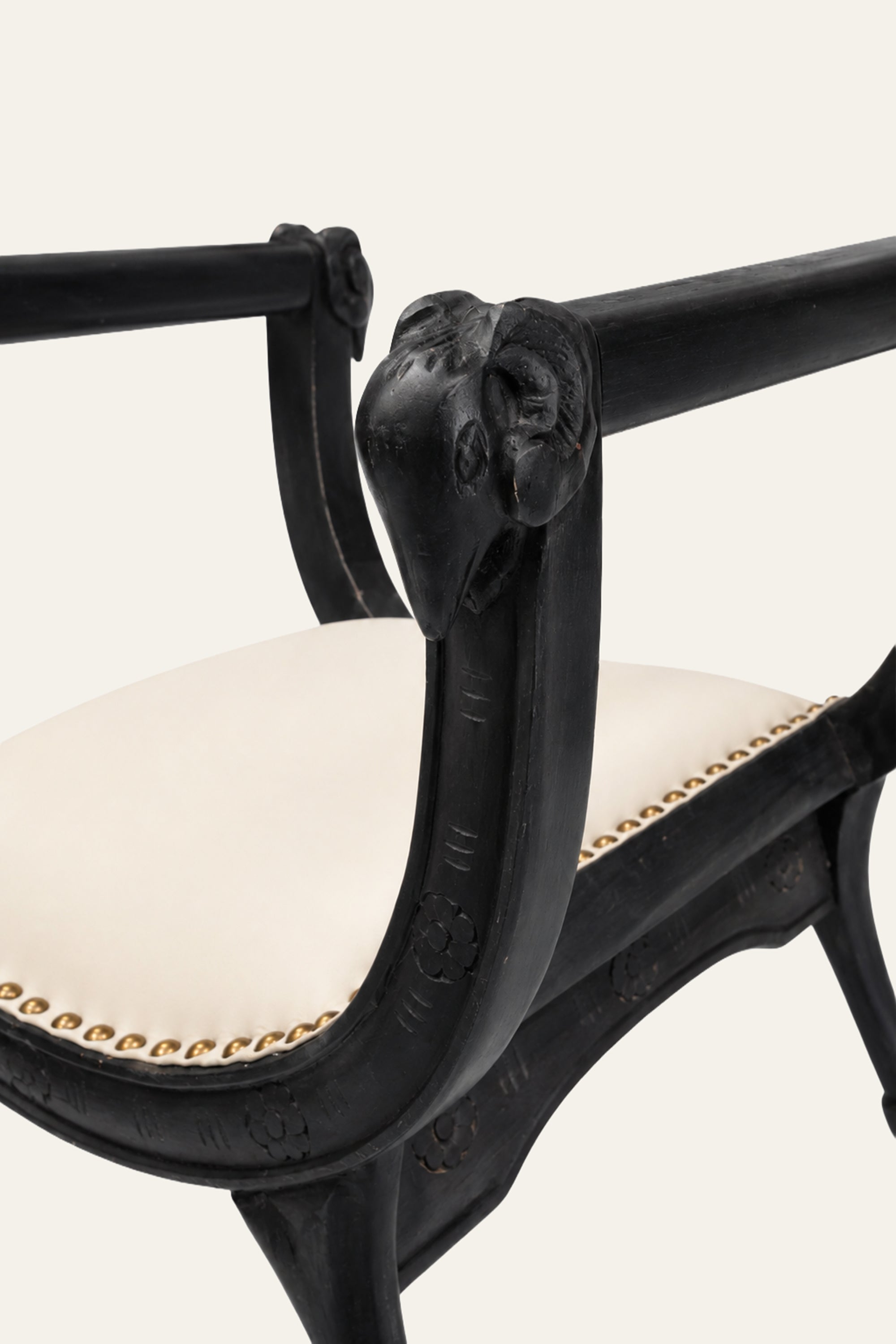 Black Carved Wooden Stool with White Cushioned Seat