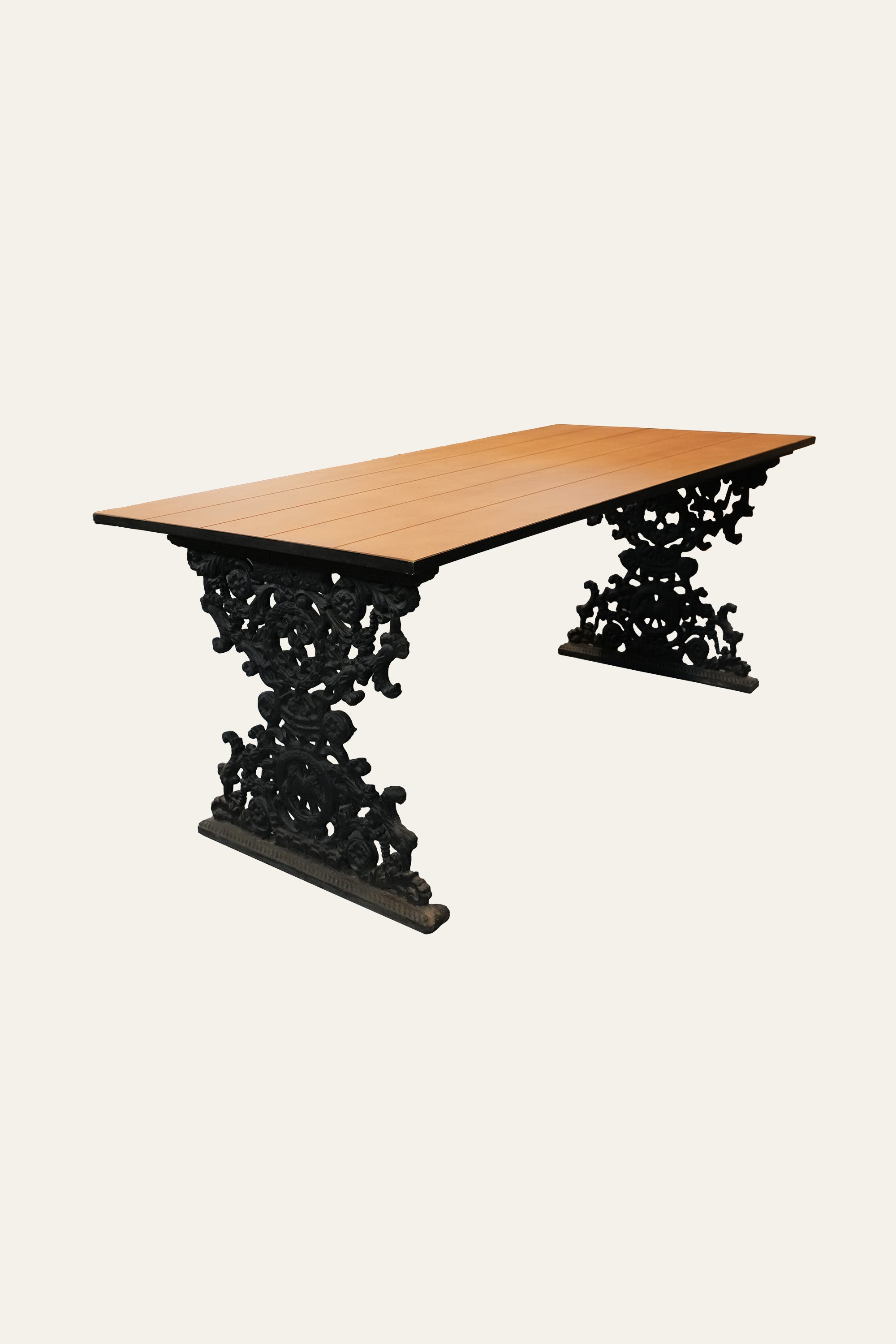 Ornate Cast Iron Pedestal Dining Table with Solid Wood Top