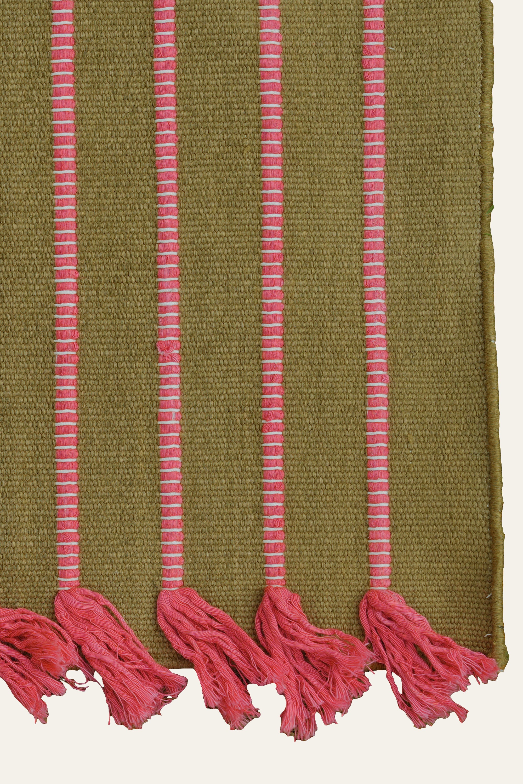 Olive Green Cotton Yoga Mat with Pink Fringe