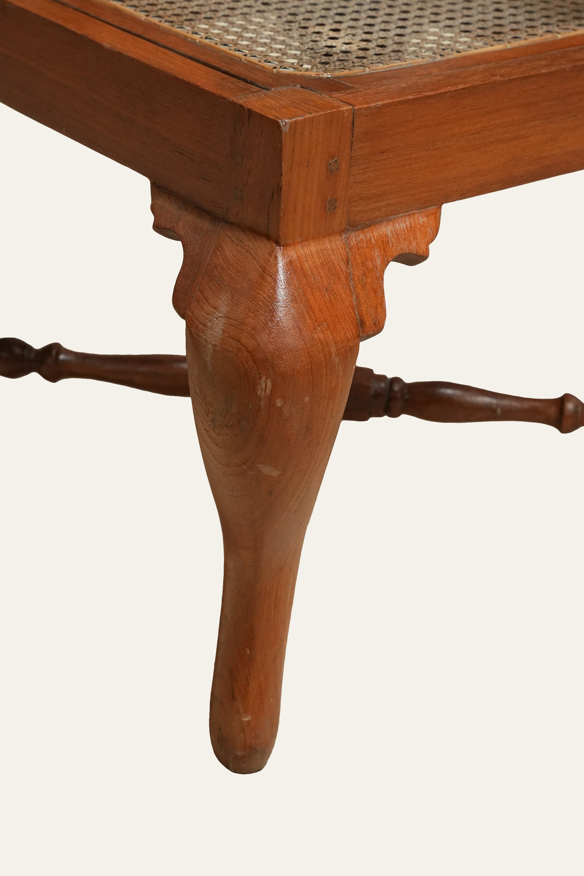Carved Wooden Roundabout Cane Armchair with X-stretcher Base