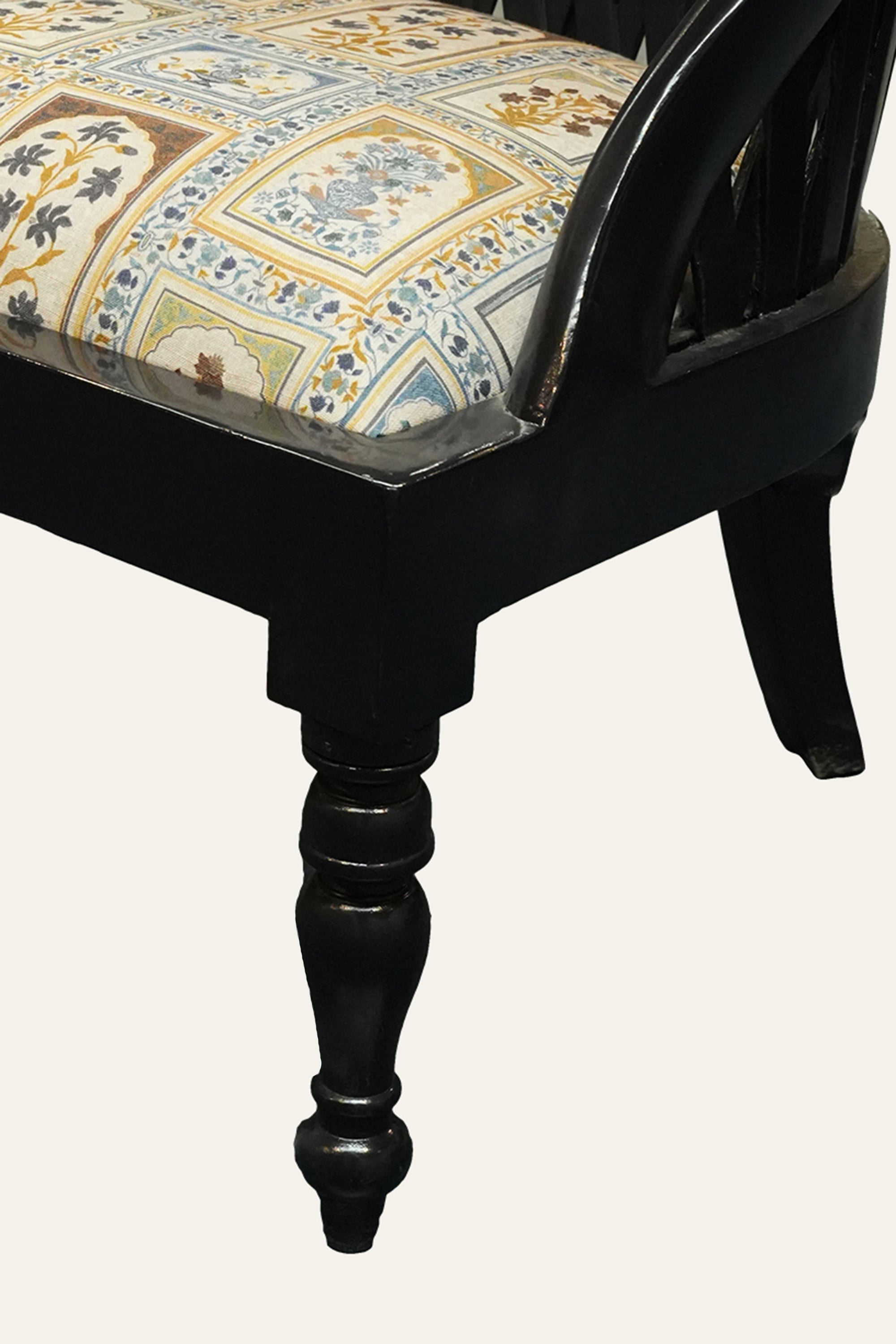 Black Lattice Back Accent Armchair with Floral Upholstery