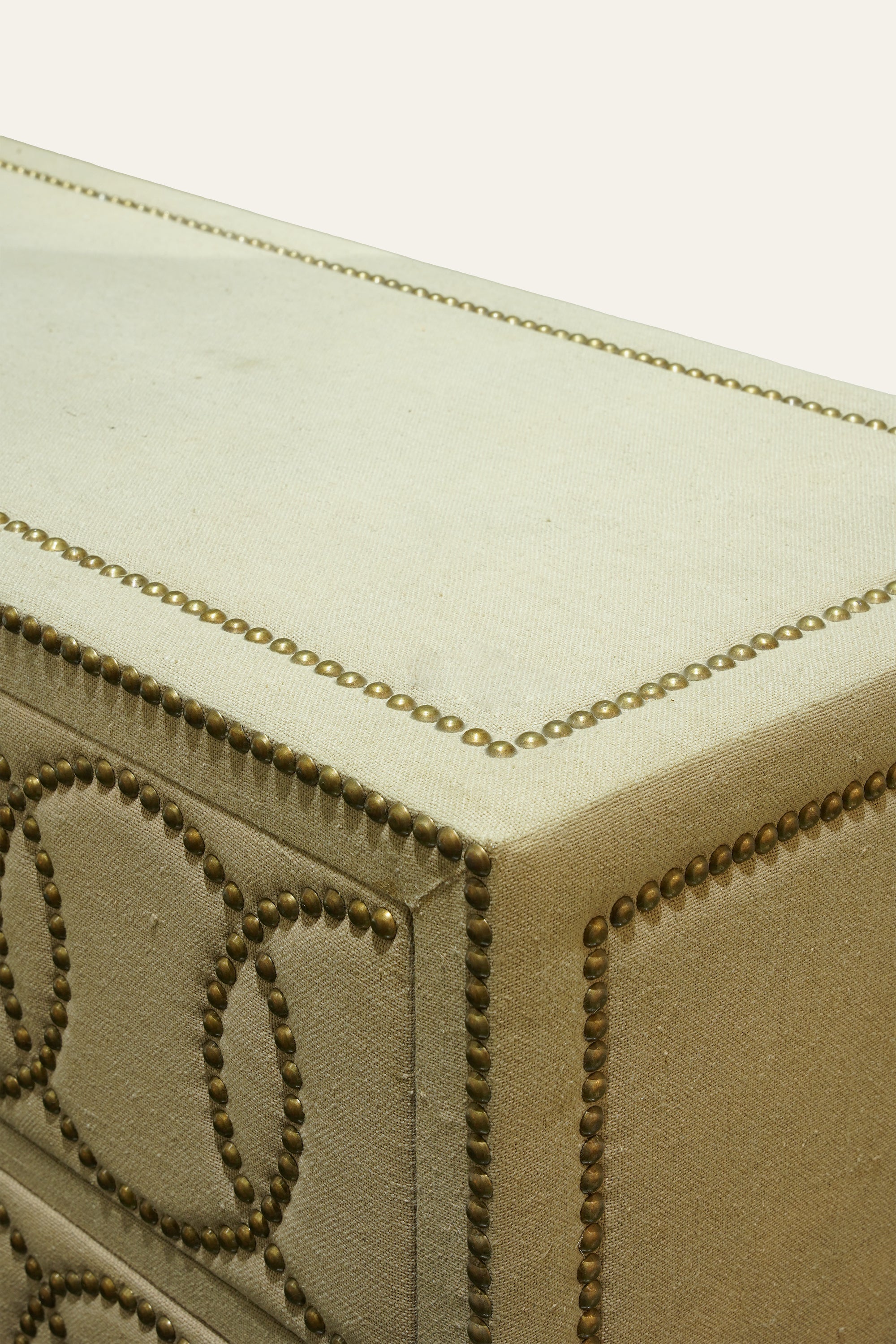 Linen Upholstered Wooden Chest of Drawer with Brass Rivets