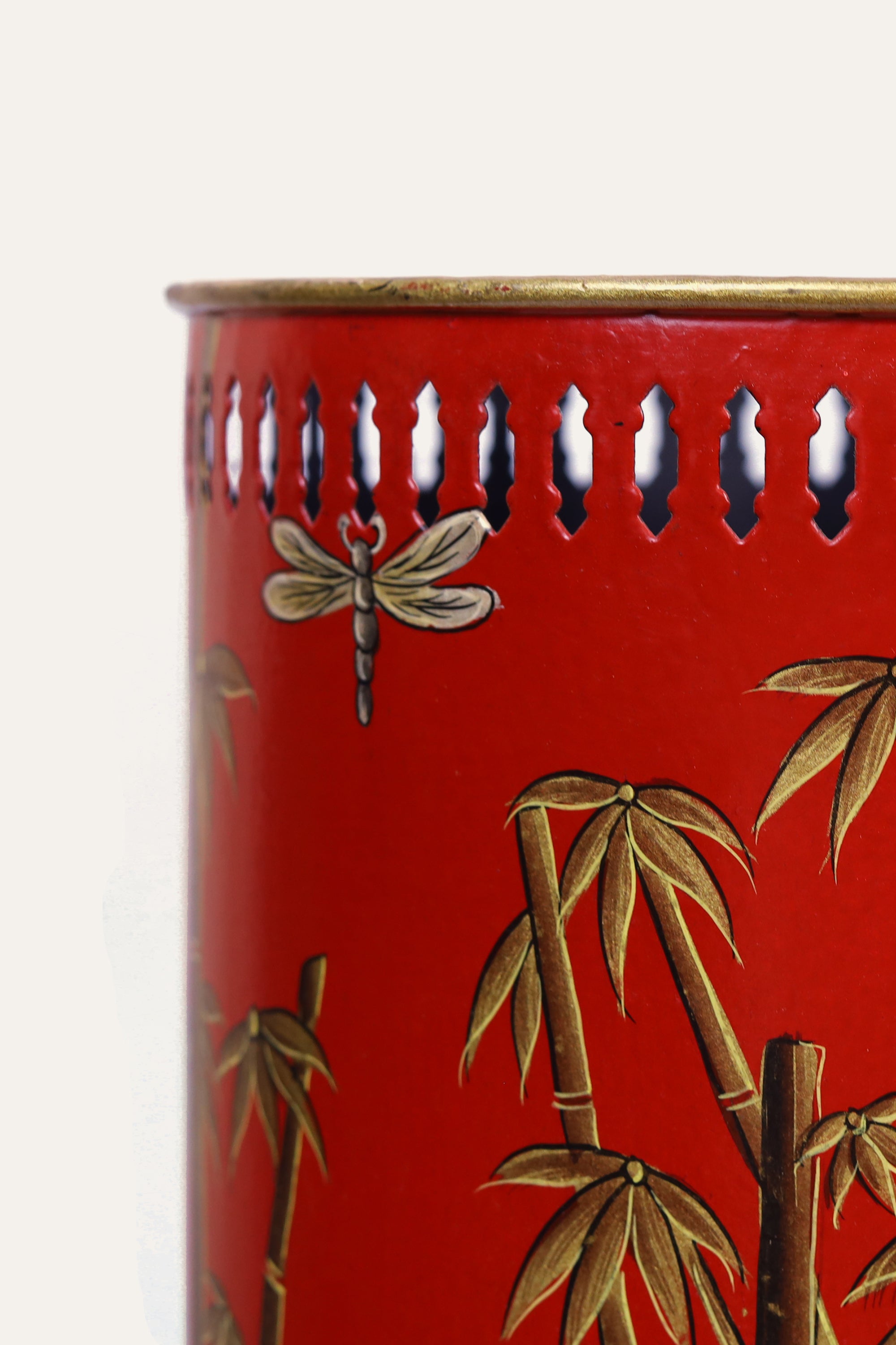 Hand-Painted Red Metal Waste Bin with Bamboo Motif